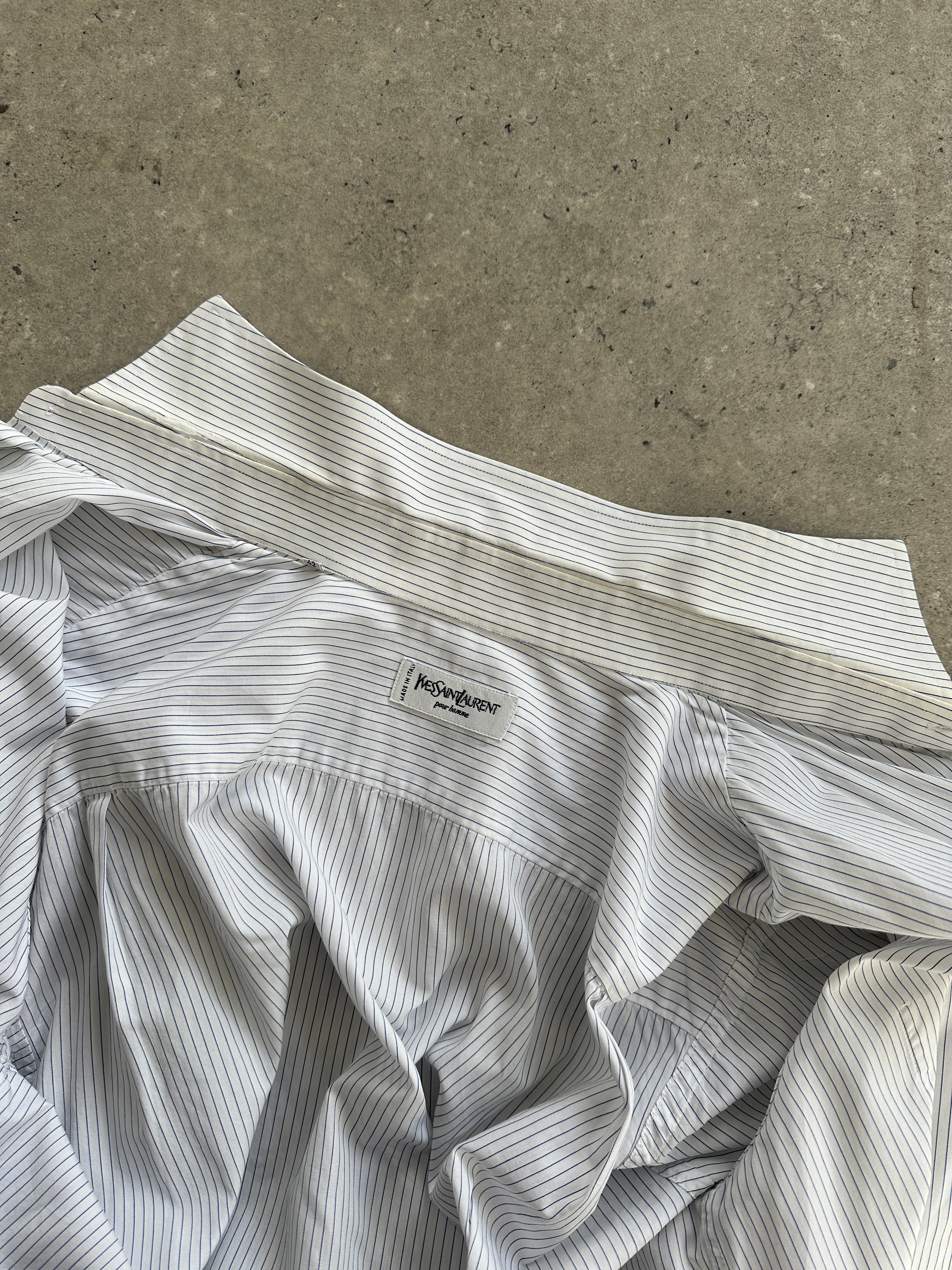 Yves Saint Laurent Pour Homme XL pinstripe cotton shirt, men's button-up with classic collar and tailored fit.