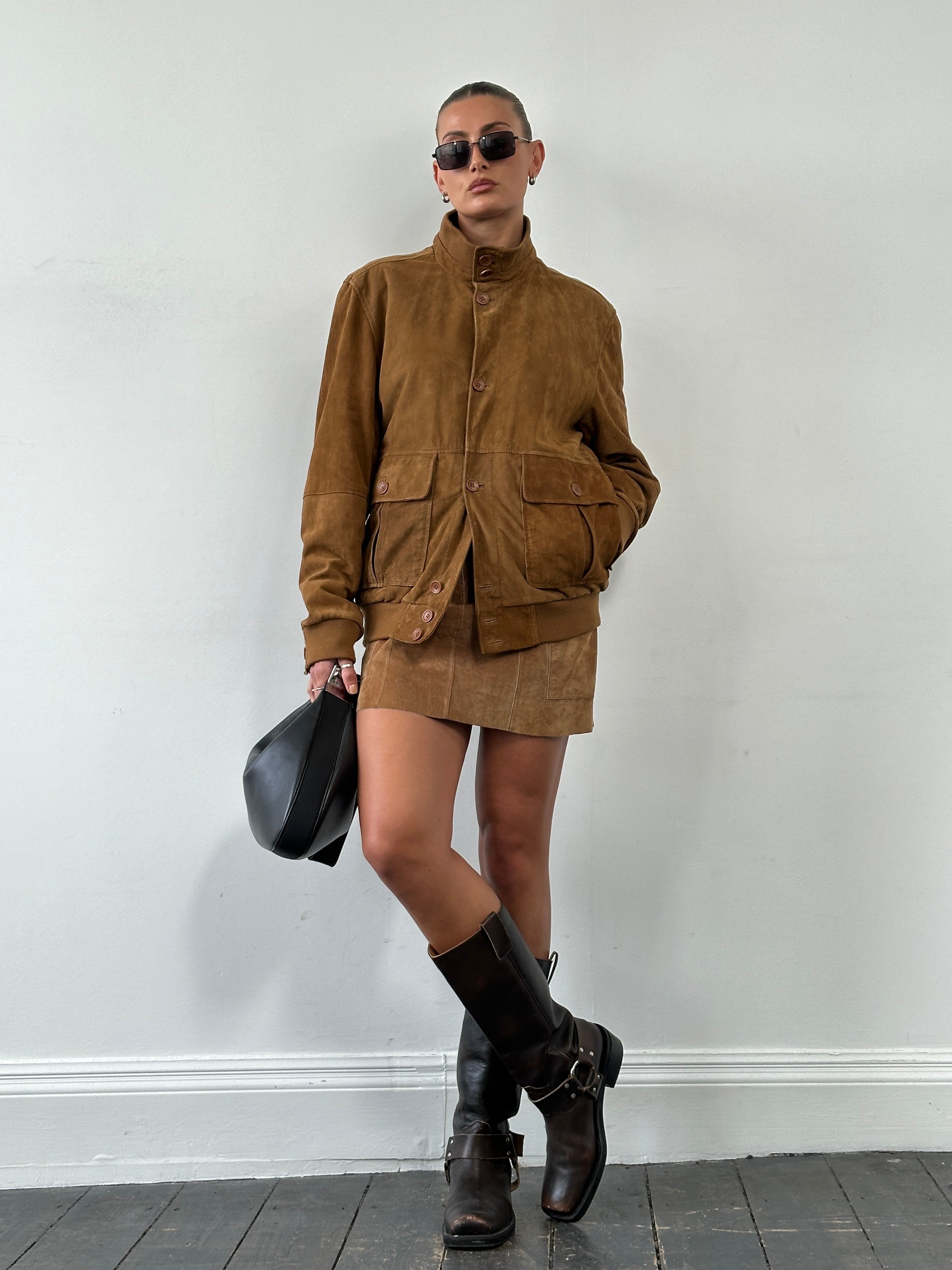 ARMA suede bomber jacket in size L, featuring a classic design with a smooth suede finish and ribbed collar and cuffs.