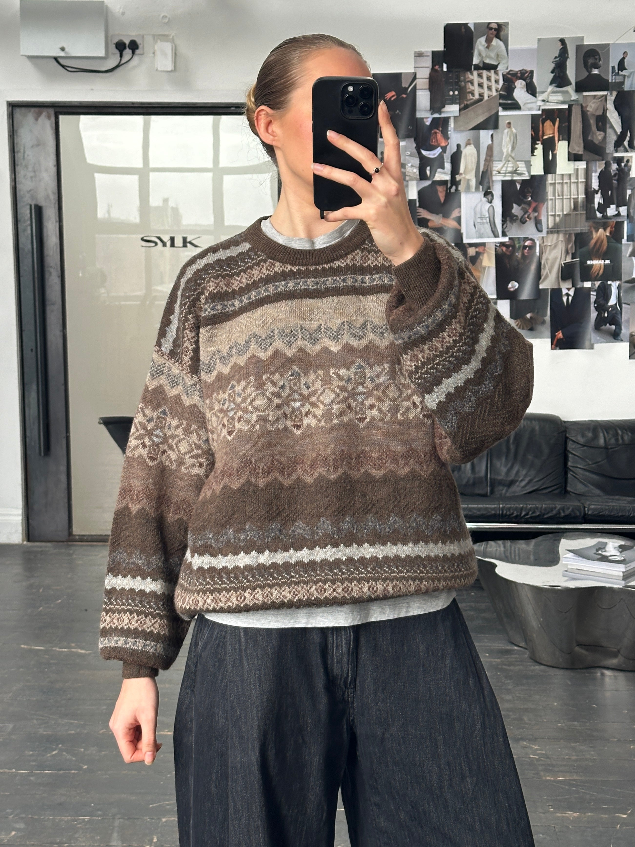 Vintage 1990s Italian wool and alpaca patterned knit jumper in XL, showcasing the colorful textured design and cozy fit.