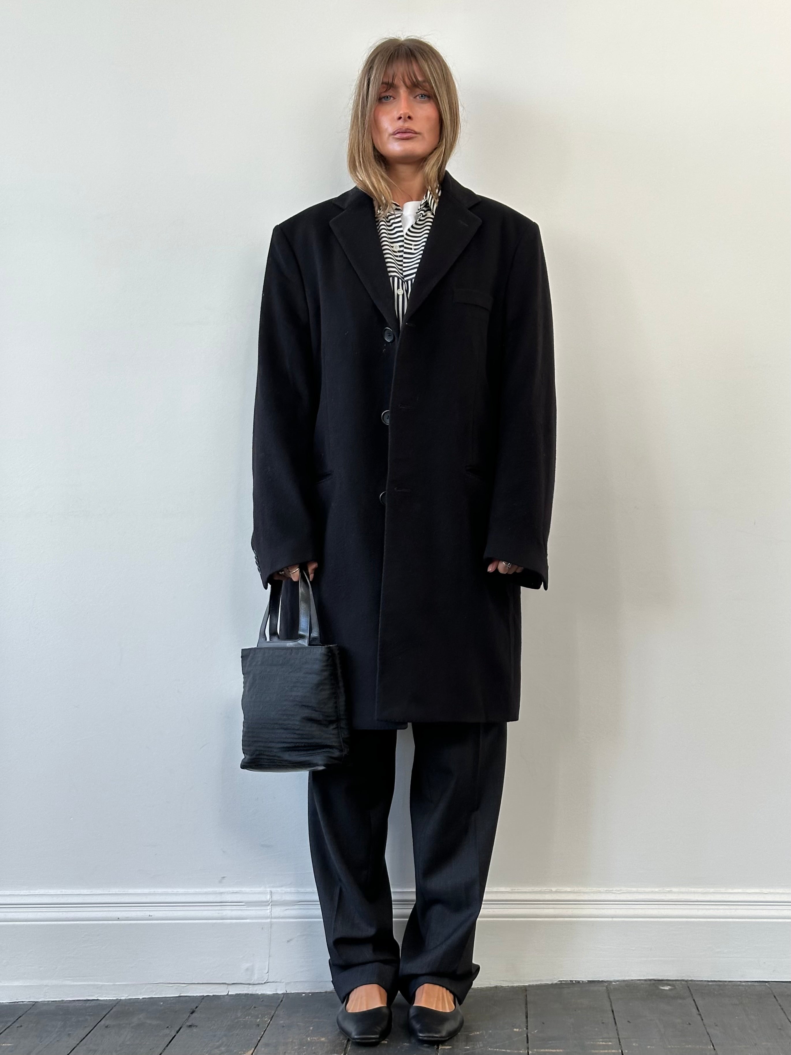 Versace Collection wool cashmere single-breasted coat in XL, featuring a tailored fit and classic design, shown on a hanger.