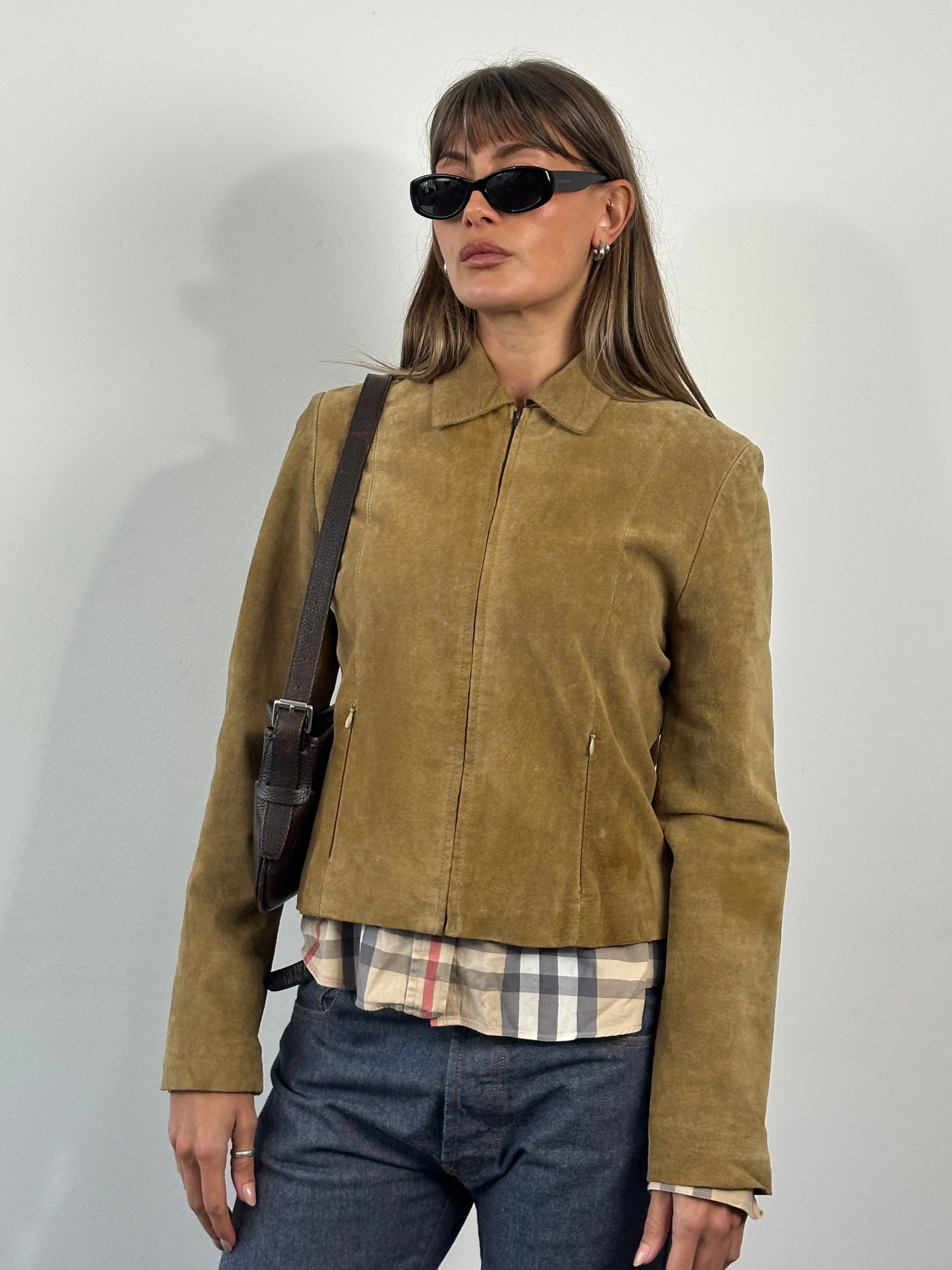 Vintage 1990s suede leather jacket in size S, stylish retro jacket with soft suede texture and classic design.