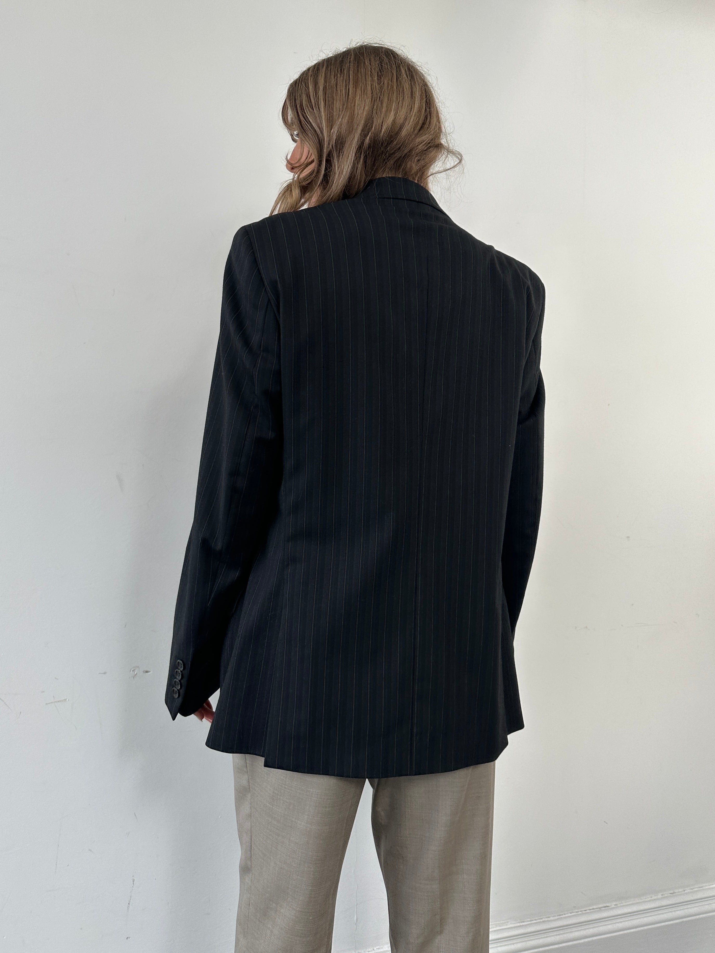 Roberto Cavalli Just Cavalli pinstripe wool blazer in size 42R/M, tailored fit with classic lapel and button closure.