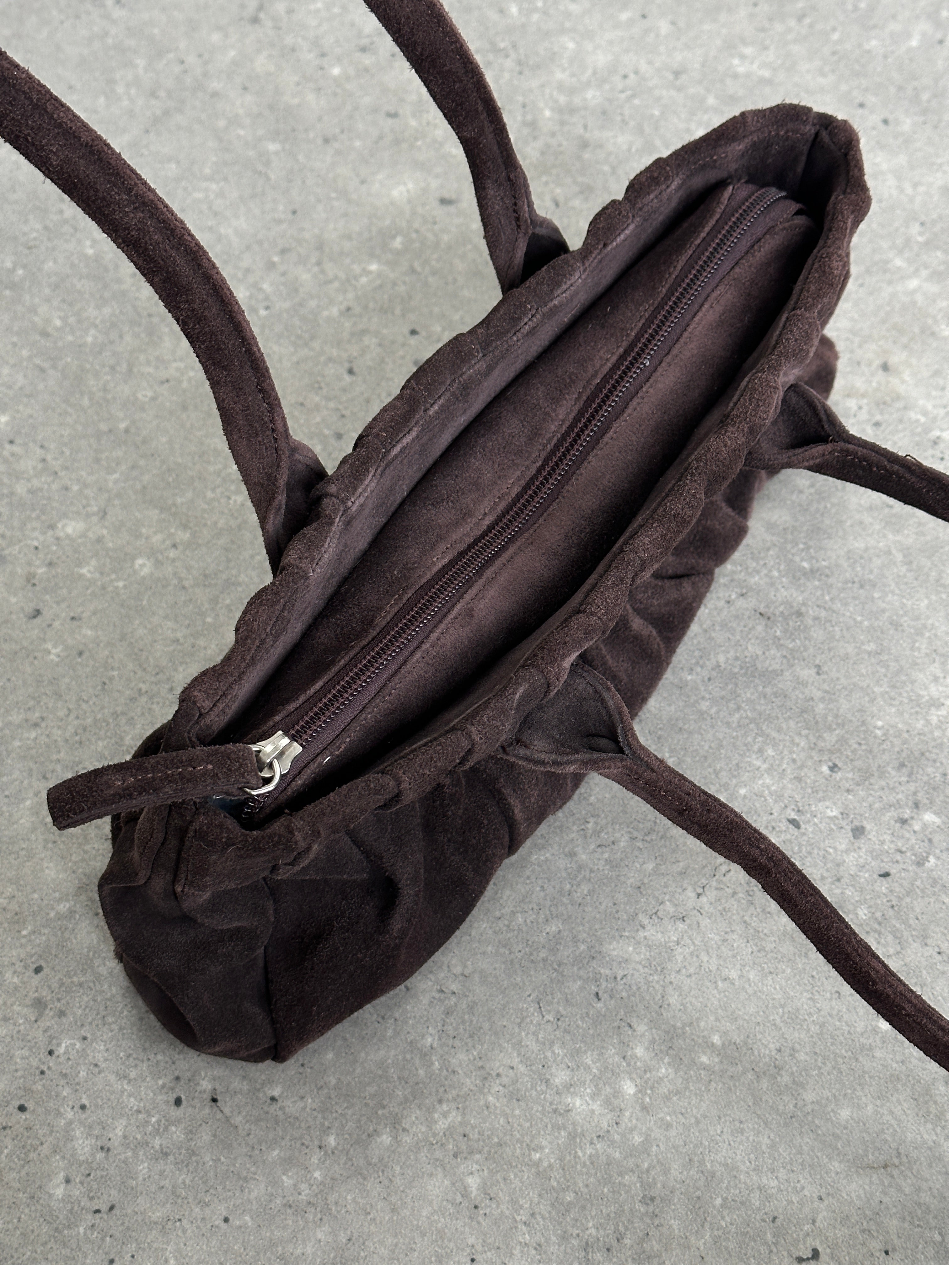 Abro Italian suede leather shoulder bag with ruched design, featuring a stylish and versatile accessory for daily use.