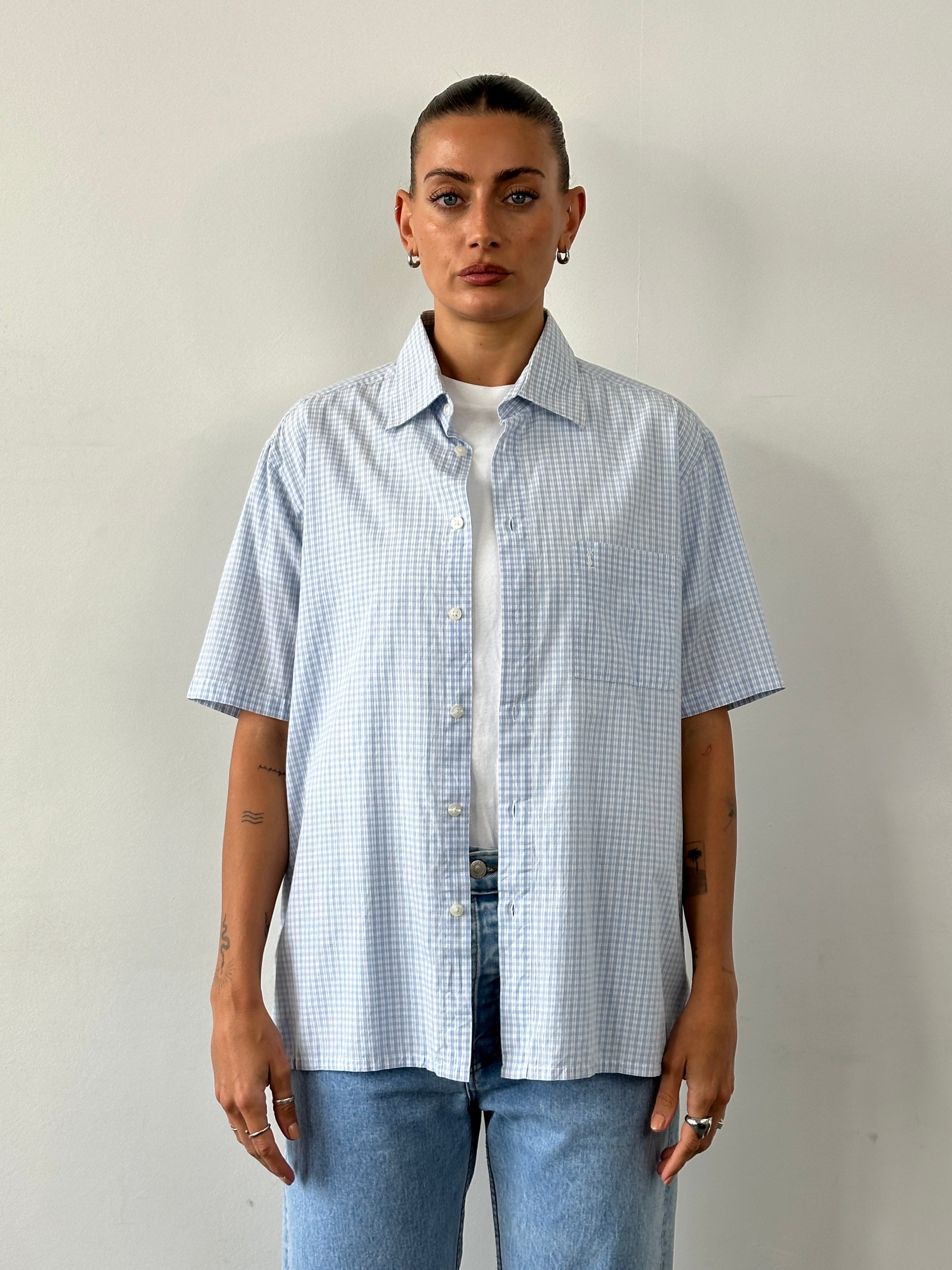 Yves Saint Laurent Pour Homme check logo cotton shirt in size M/L, featuring a classic button-up design and bold logo pattern.