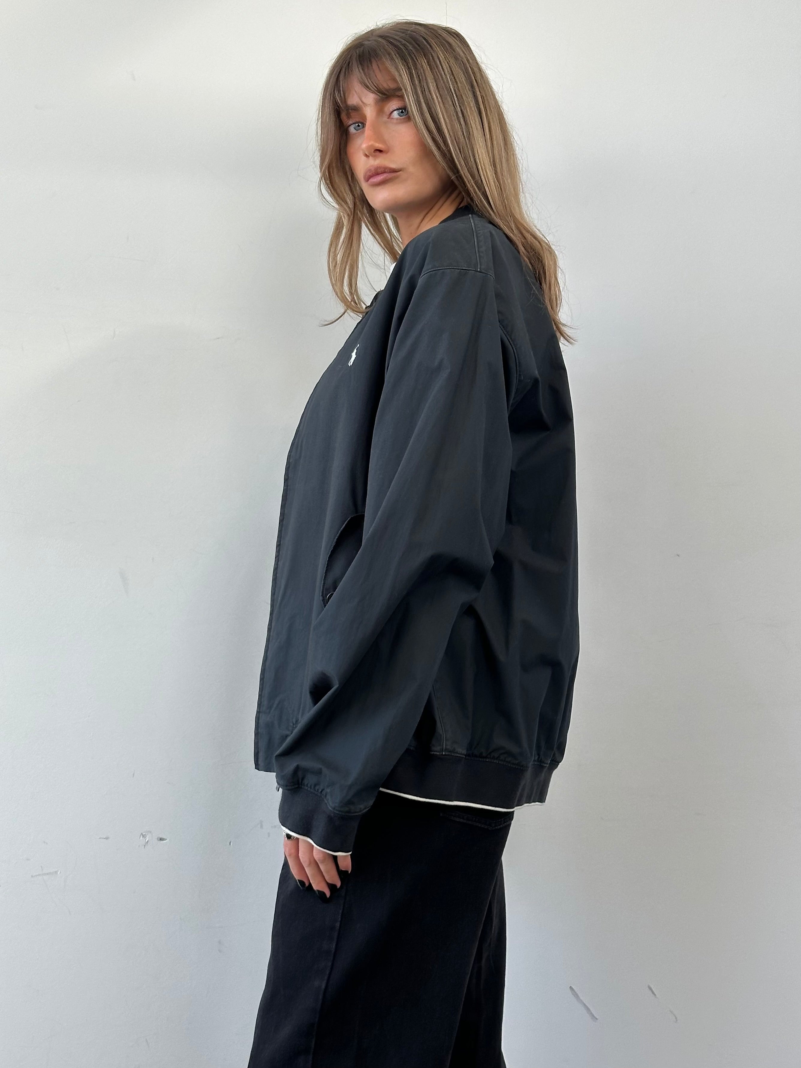 Ralph Lauren pure cotton logo bomber jacket in XXL, shown in black with a front zipper and ribbed cuffs and collar.
