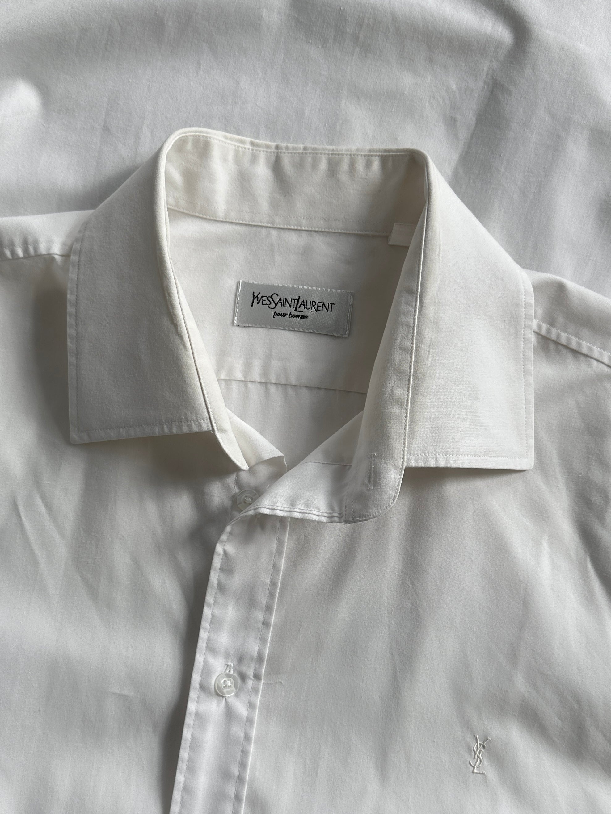 Yves Saint Laurent Pour Homme cotton dress shirt in size XL with logo detail, long-sleeve, white formal shirt for men.
