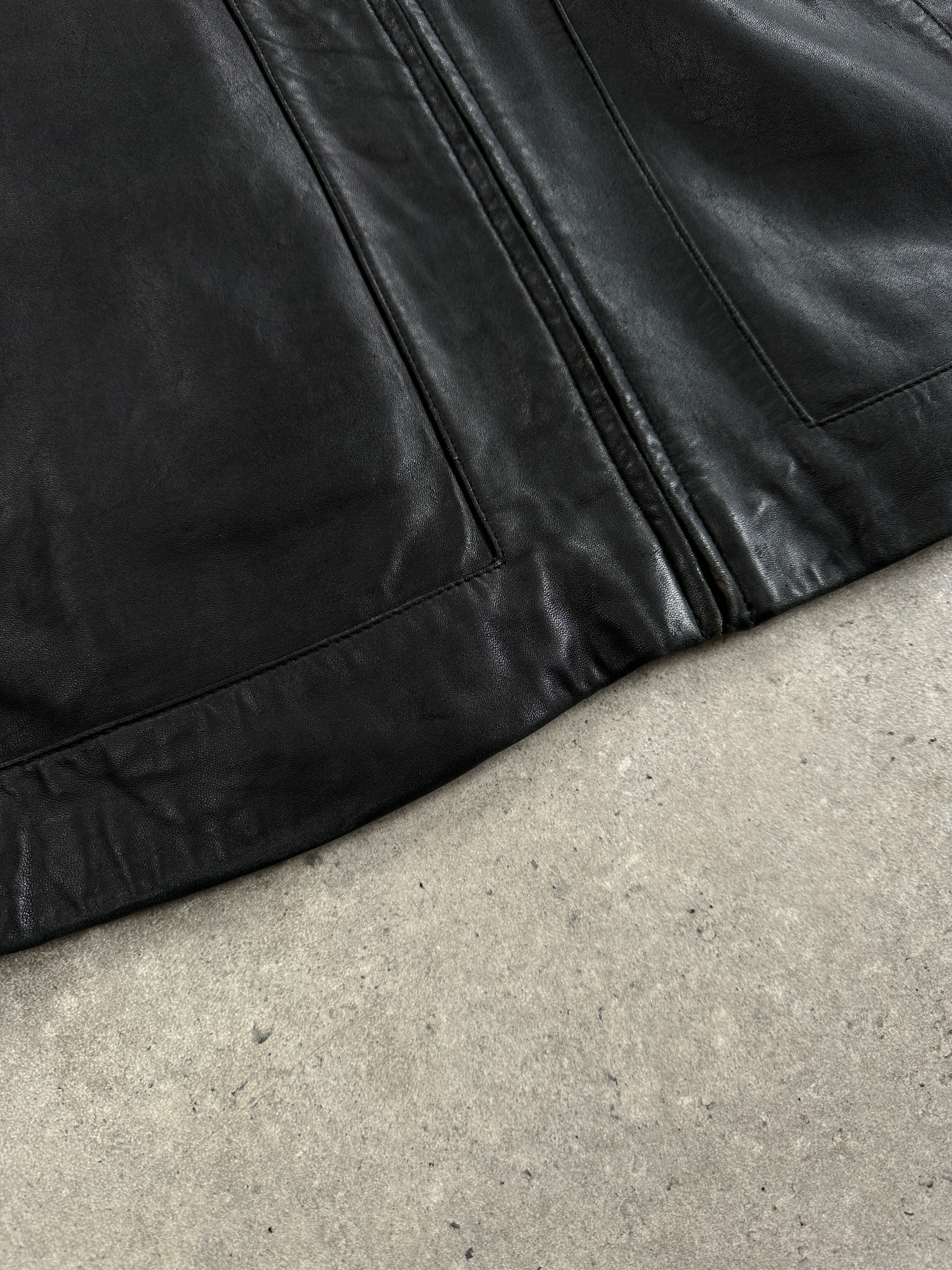 Balmain smooth leather jacket in XL size with sleek black design, featuring classic collar and zipper details.
