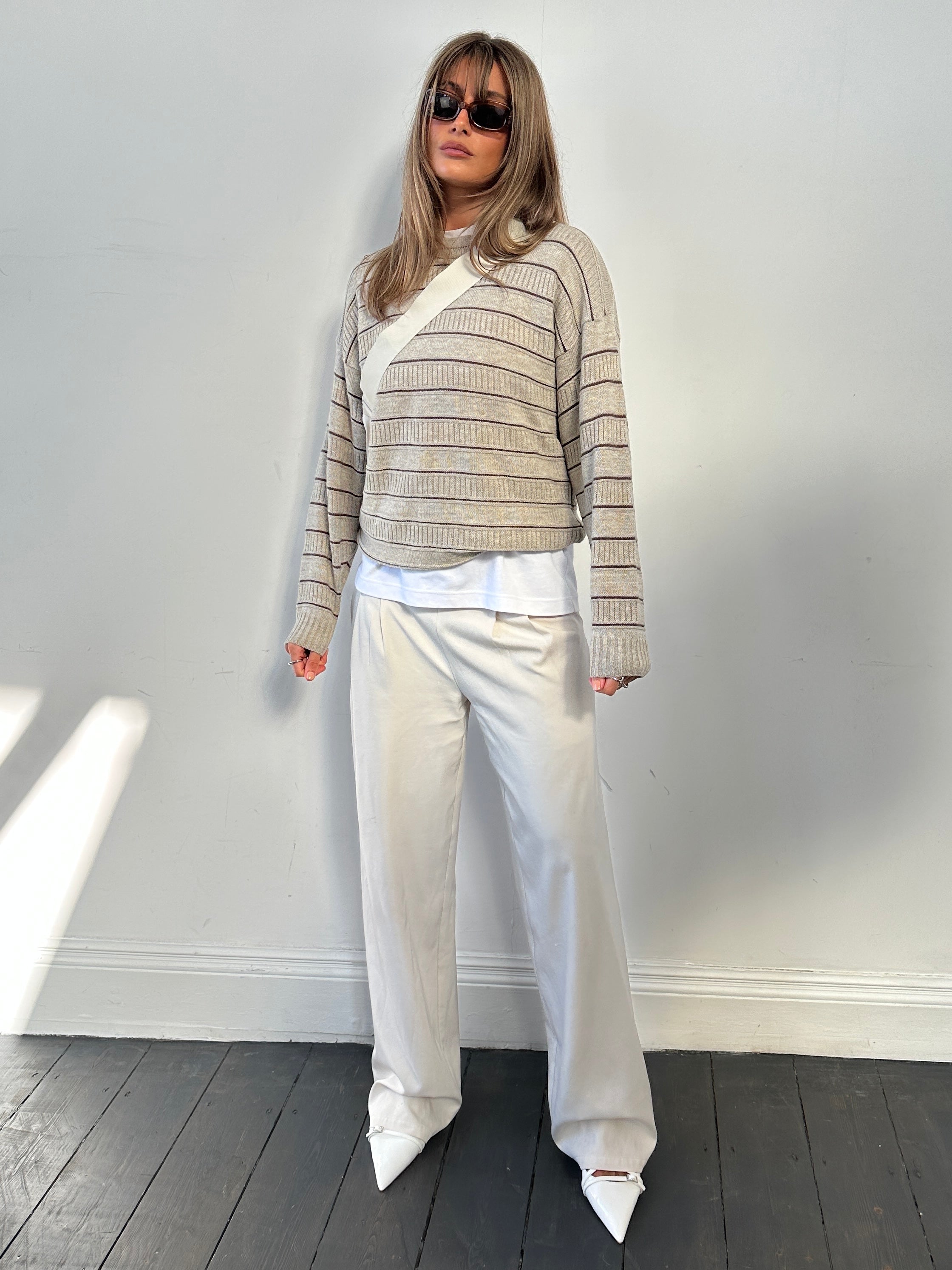 St Michael striped knitted jumper in medium size, featuring a cozy knit fabric and classic design for casual wear.