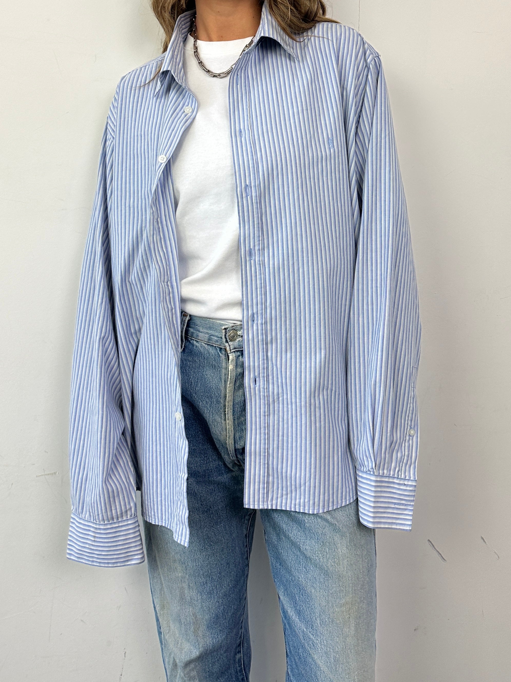 Yves Saint Laurent Pour Homme cotton pinstripe logo shirt in XXL, featuring classic pinstripe pattern and YSL branding.