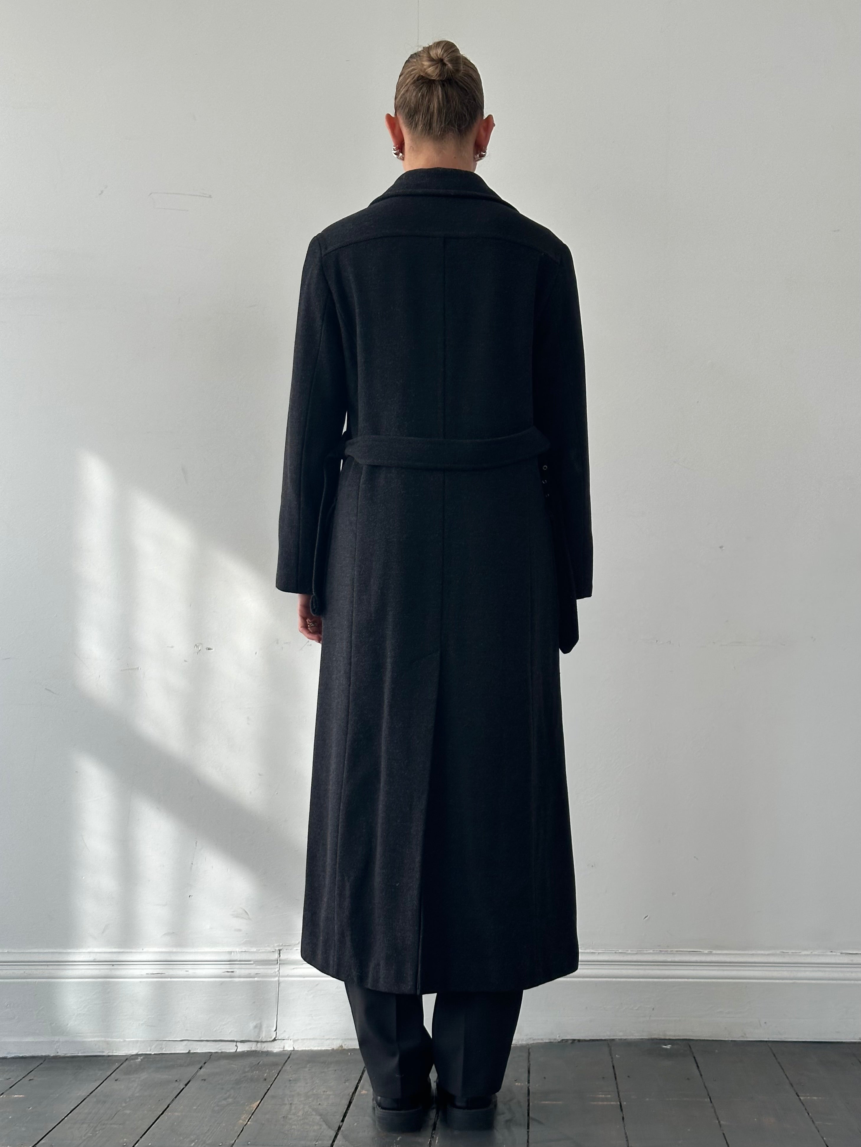 Max & Co virgin wool floor-length belted coat in neutral color, displayed on a hanger with a tailored fit and classic design.