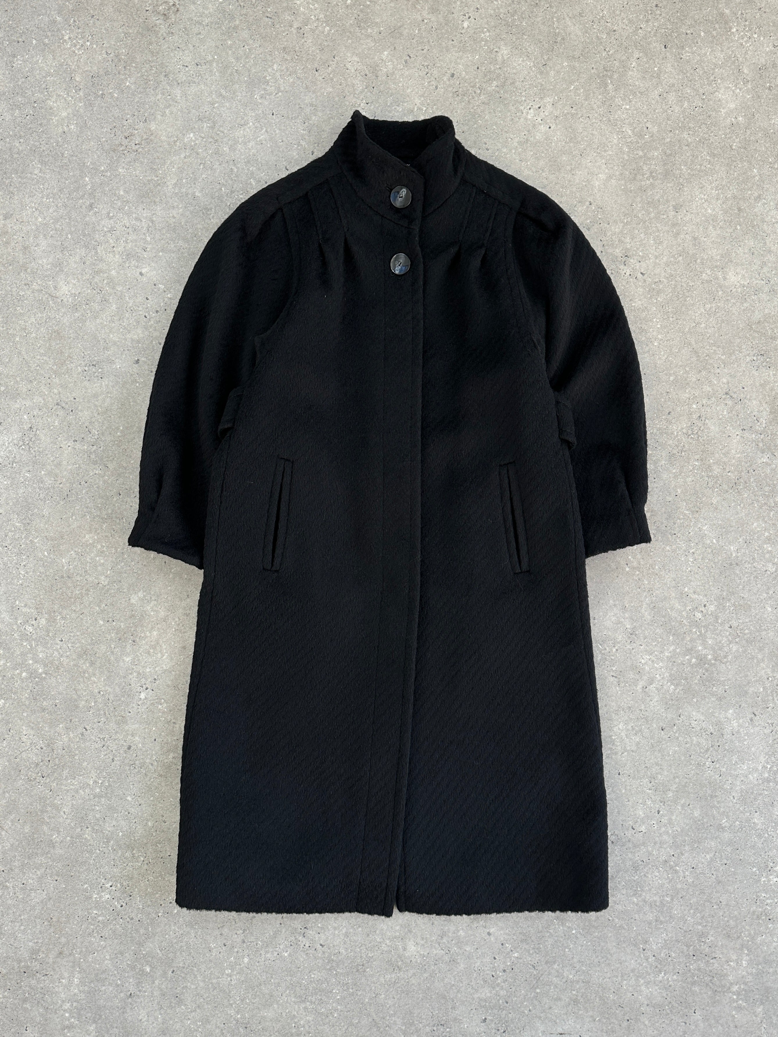 Vintage wool mohair high neck coat with concealed placket, size M, showcasing its classic design and textured fabric.