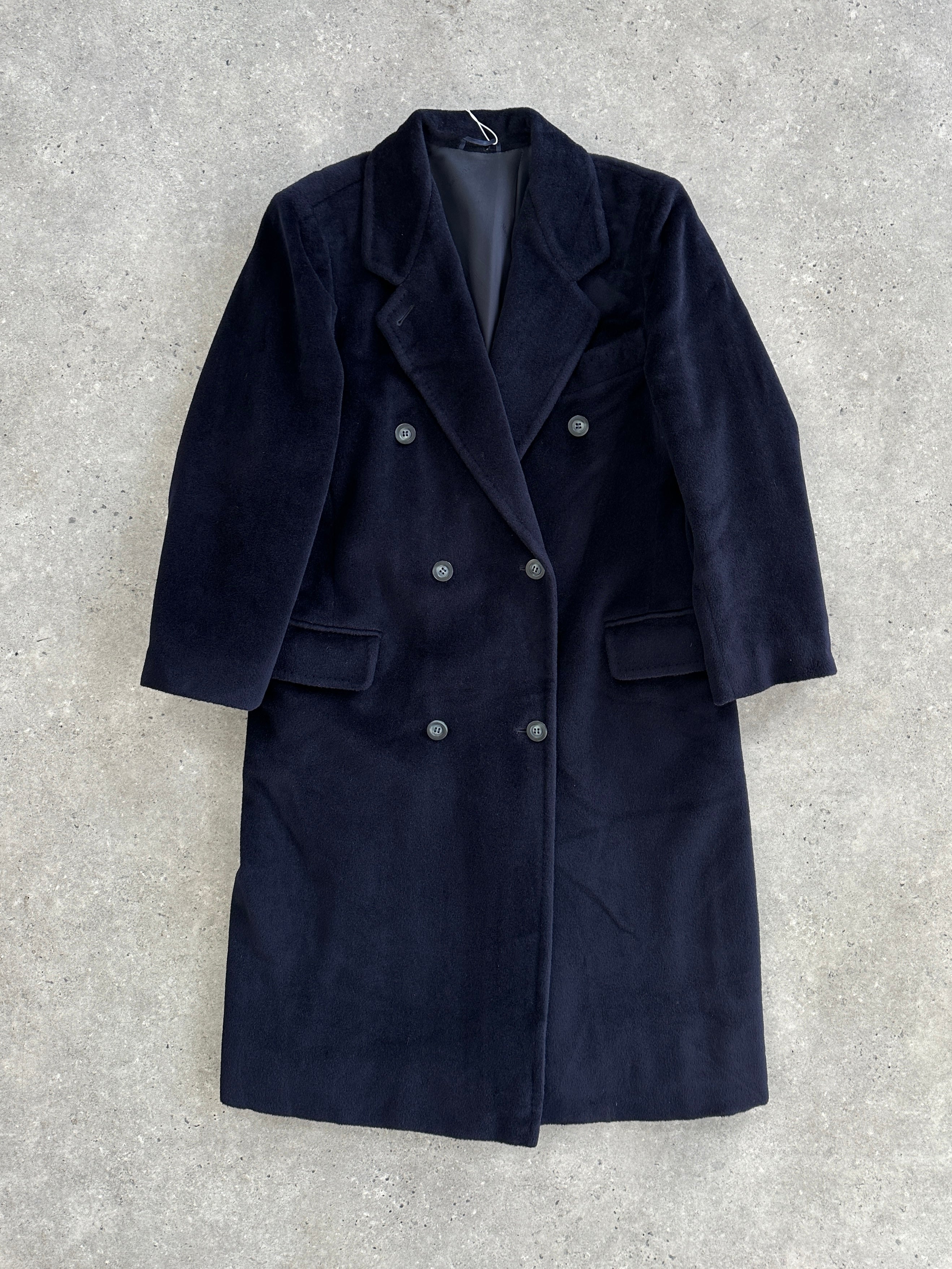 Max Mara pure wool double-breasted coat in size M displayed on a hanger with a classic tailored design