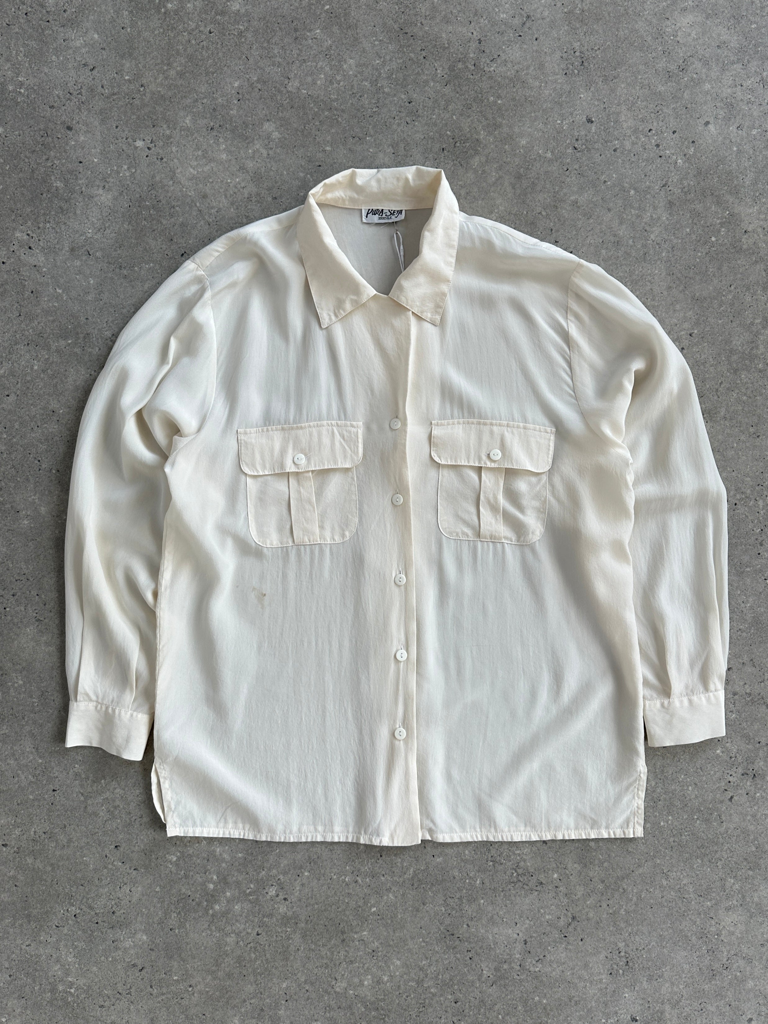 Vintage 1990s pure silk minimal shirt in size M, featuring a sleek, classic design and smooth silk fabric.