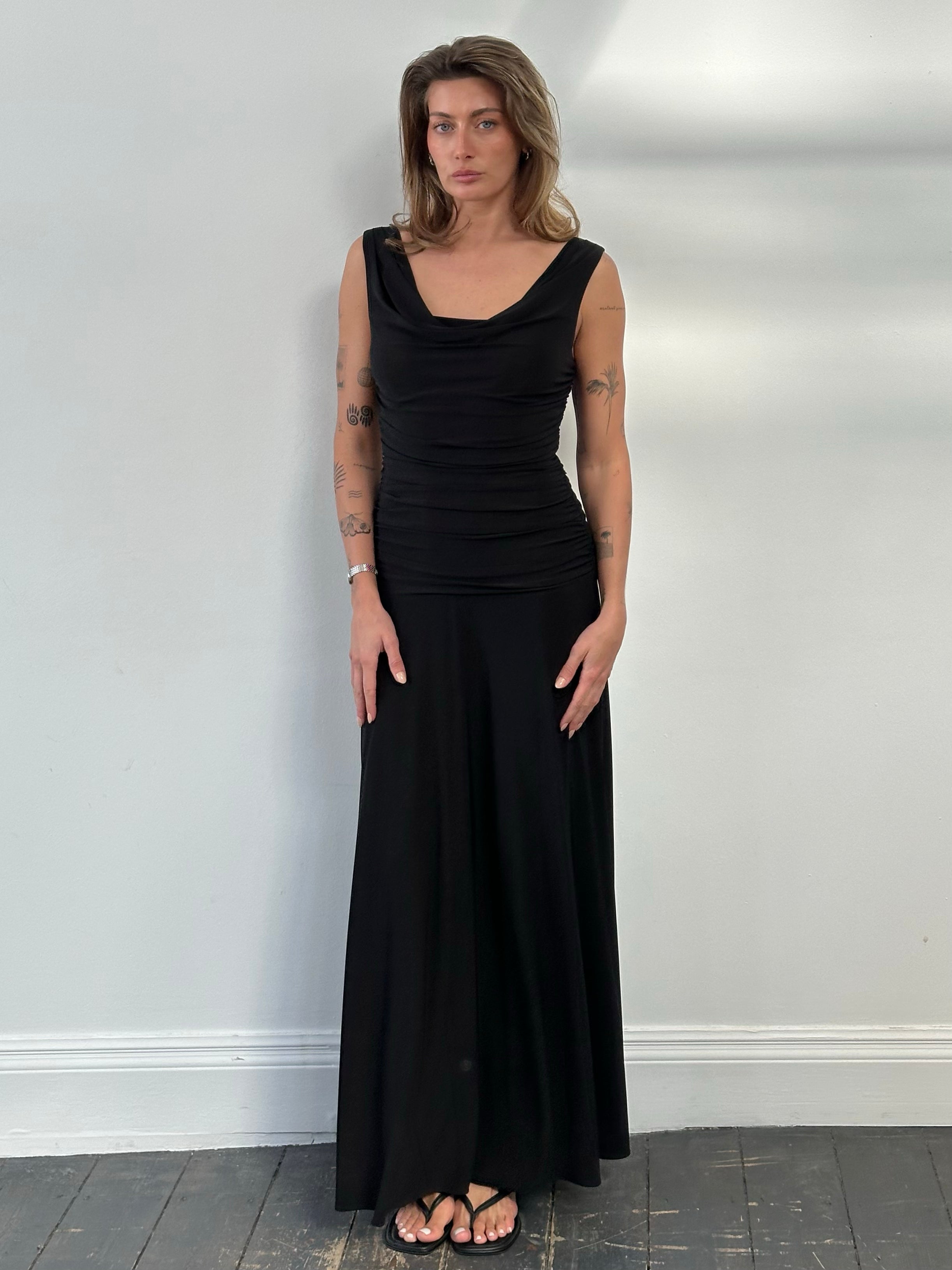 Vintage 1990s Cowl Neck Floor Length Fitted Dress - S-M