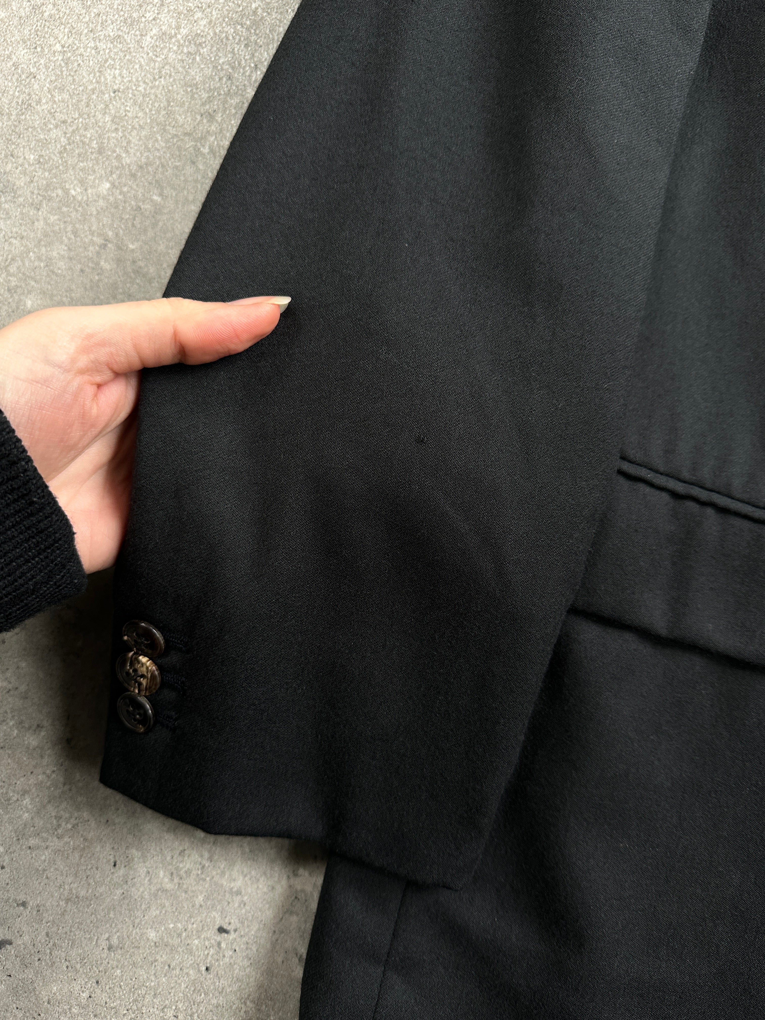 Japanese vintage 1990s pure wool straight leg suit in size 40R/W26, shown on a hanger with a classic tailored fit.