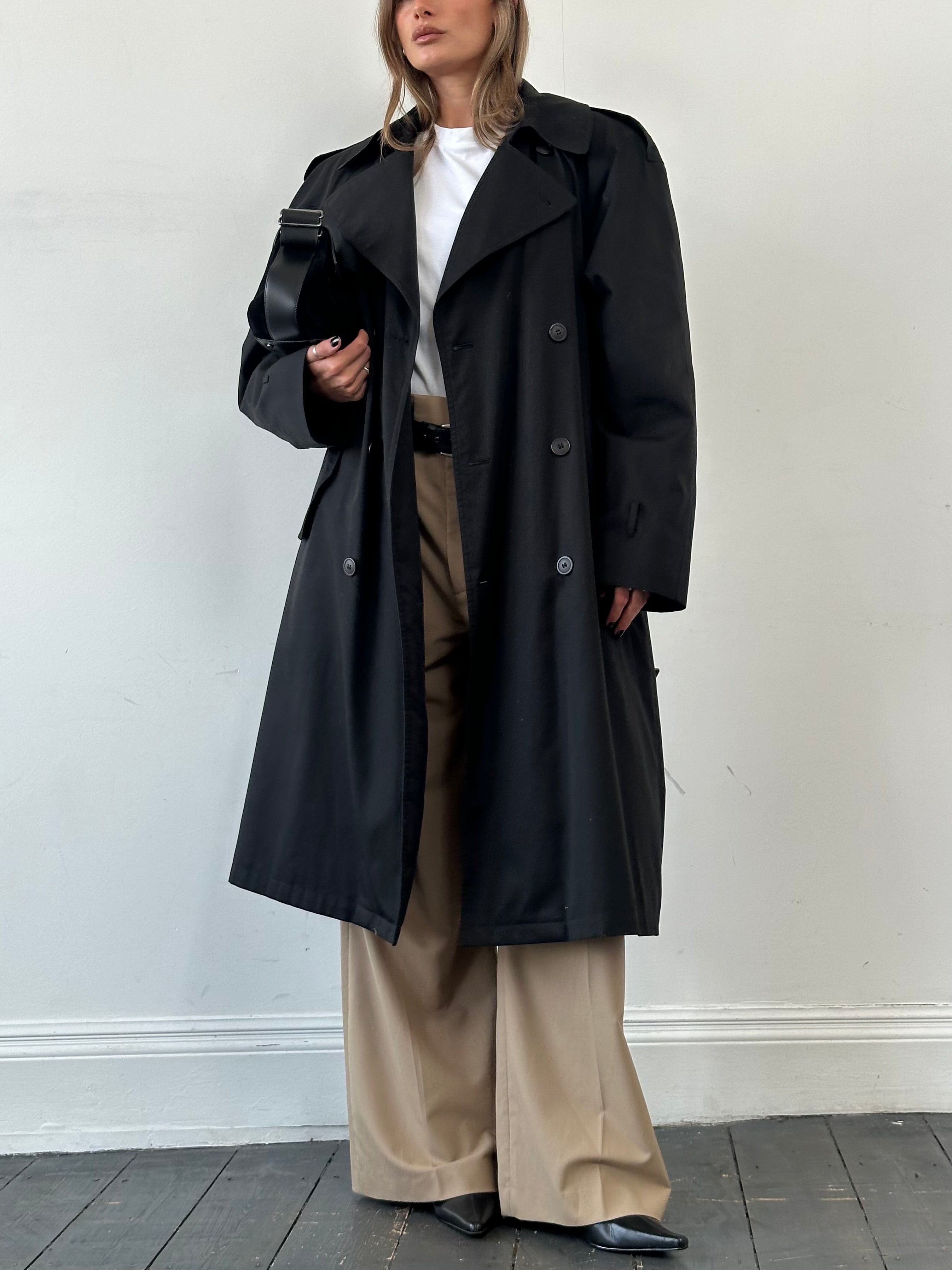 Yves Saint Laurent Pour Homme cotton belted trench coat in XXL, beige color, with classic collar and waist belt, displayed on a hanger.
