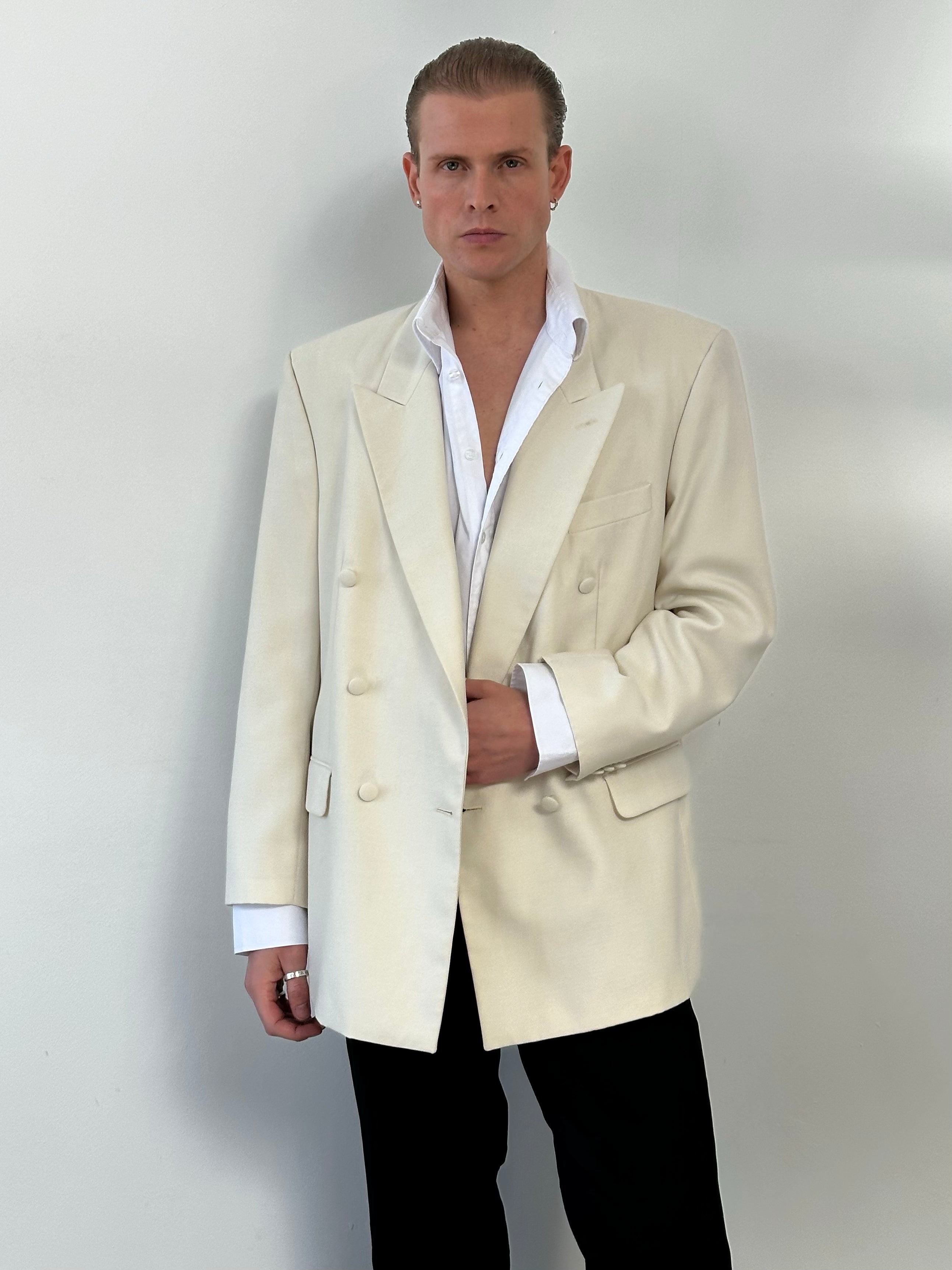 Vintage 1990s Wool Double Breasted Tuxedo Blazer - 44R