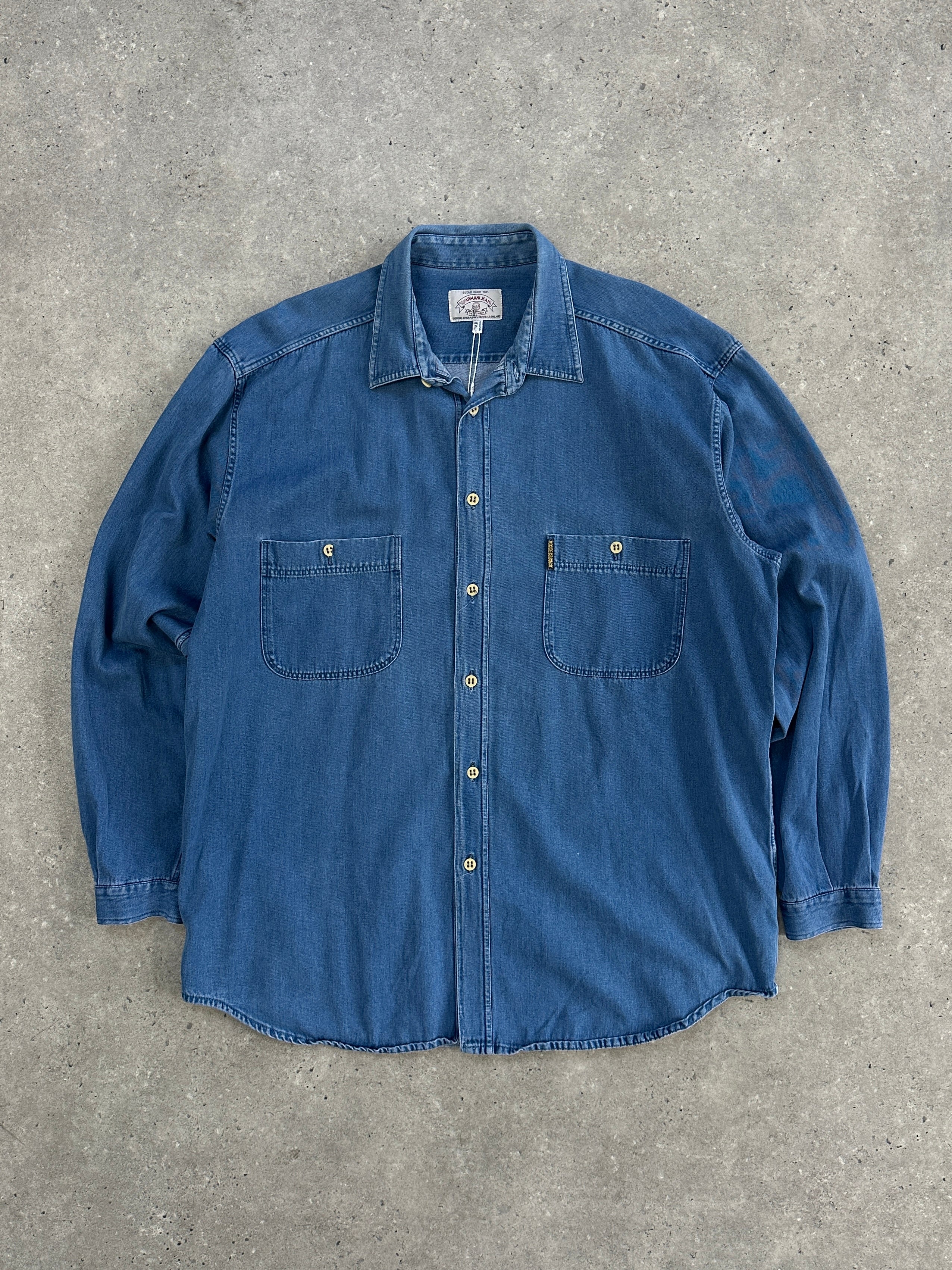 Armani Jeans pure cotton denim shirt in XL, shown with button-down front, classic collar, and long sleeves.
