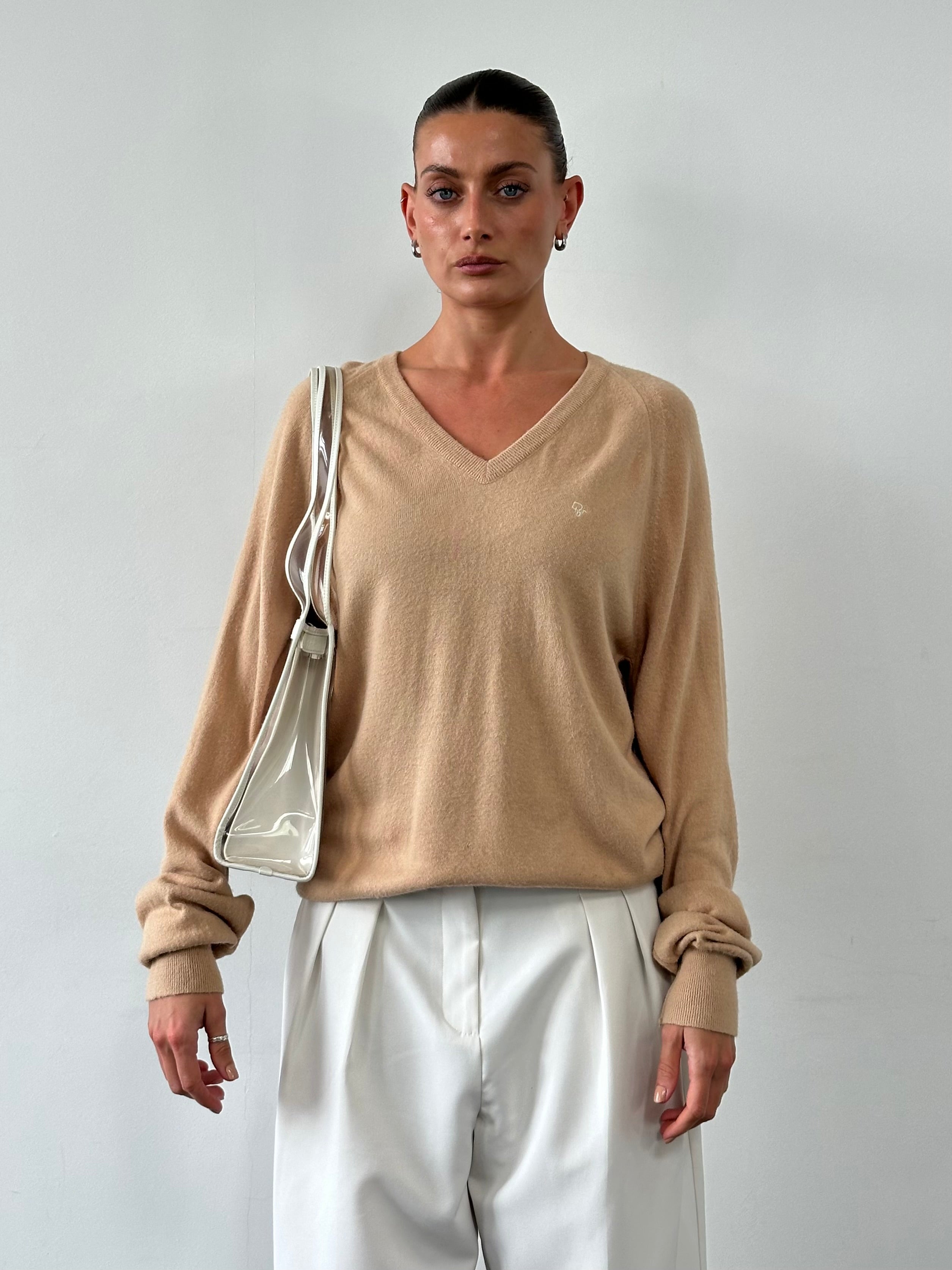 Christian Dior 1980s V-neck logo knitted jumper in beige, featuring the Dior logo on the front, size large.
