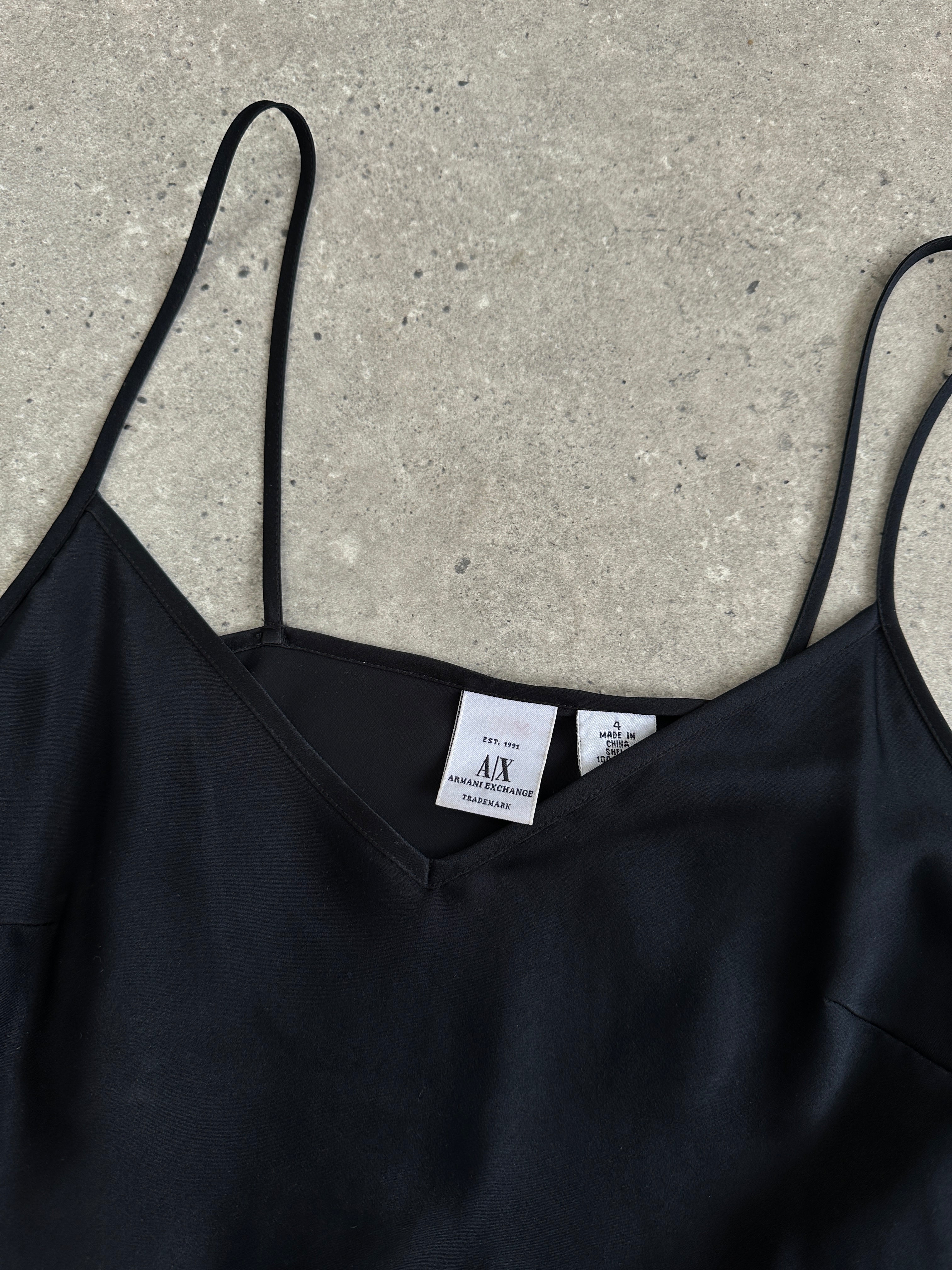Armani Exchange pure silk mini slip dress in XS/S, featuring a sleek, smooth fabric and minimalist design.