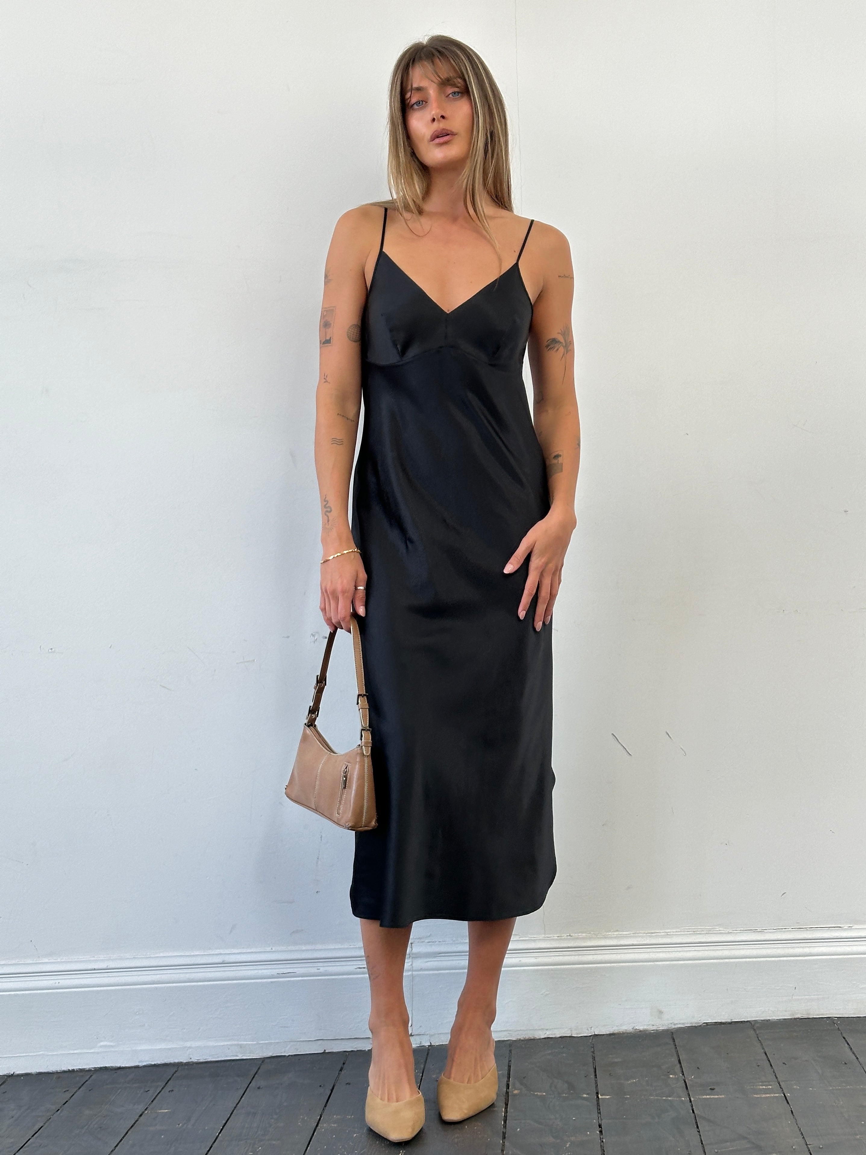 St Michael satin side split slip dress in size M, featuring a sleek design with a side slit and smooth satin fabric.
