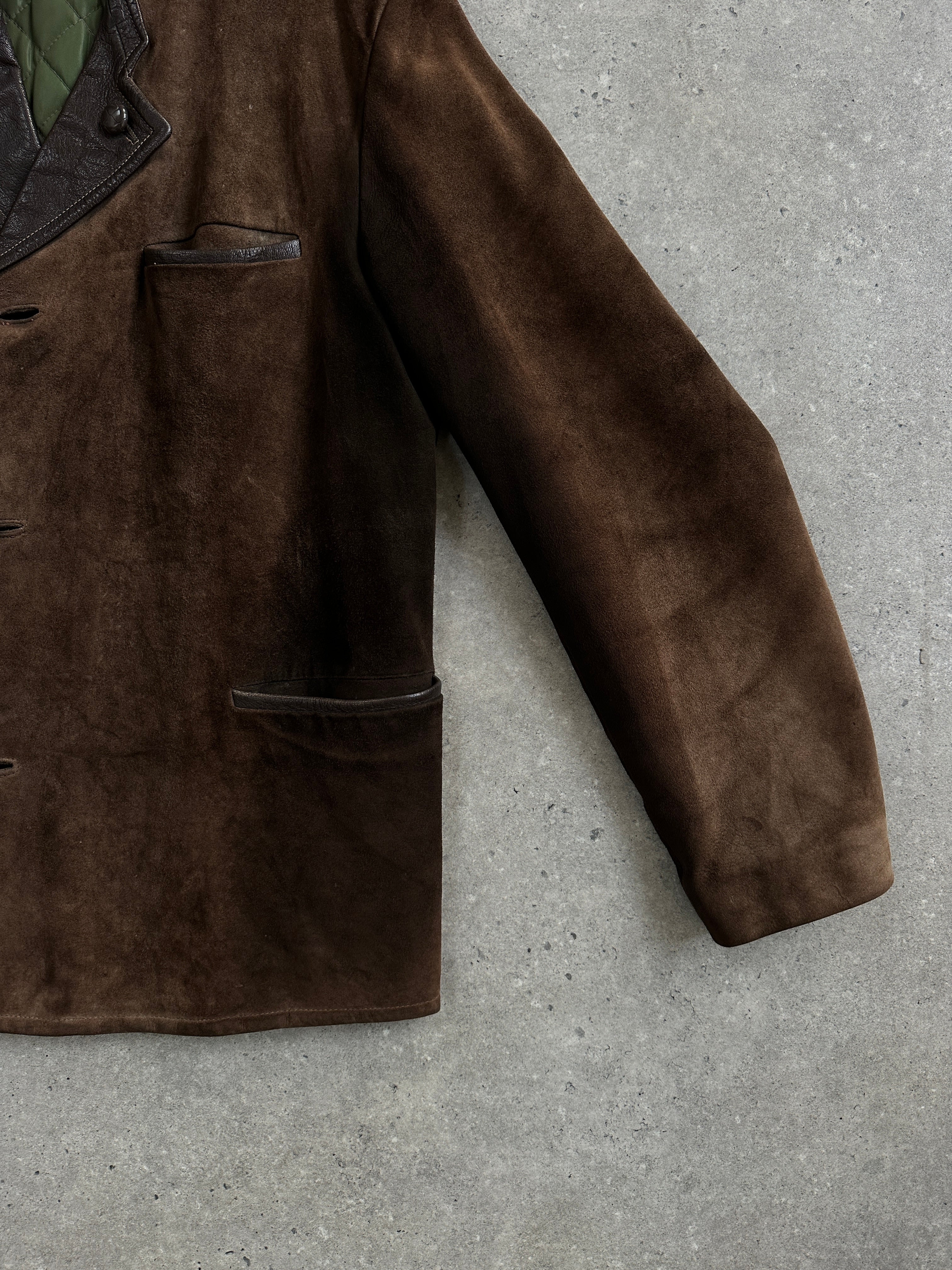 Vintage 1970s suede leather jacket in XL, featuring classic design and soft, textured suede fabric.