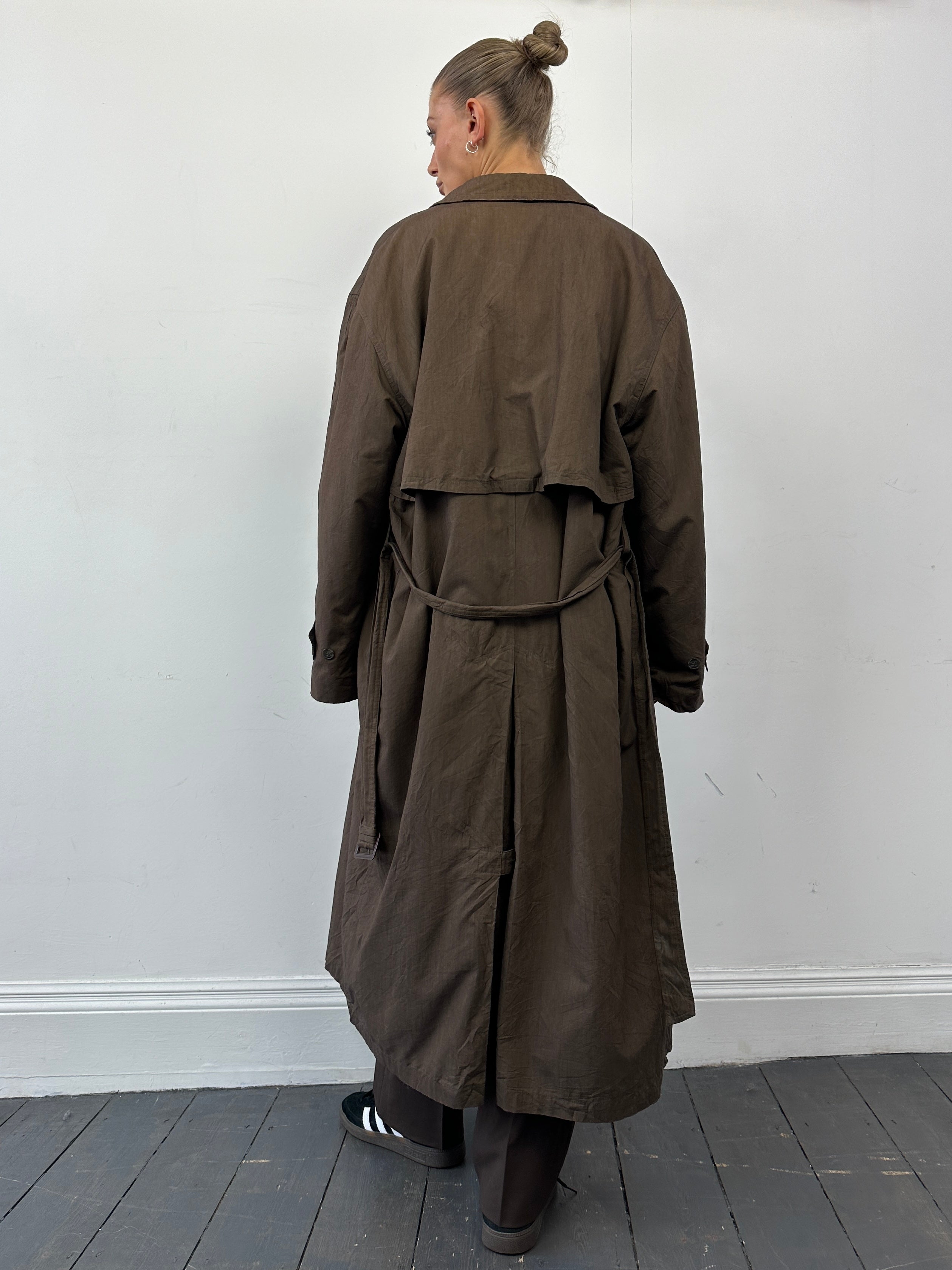 Chaps cotton floor-length belted trench coat in XL, showcasing a classic design with a waist belt and long sleeves.