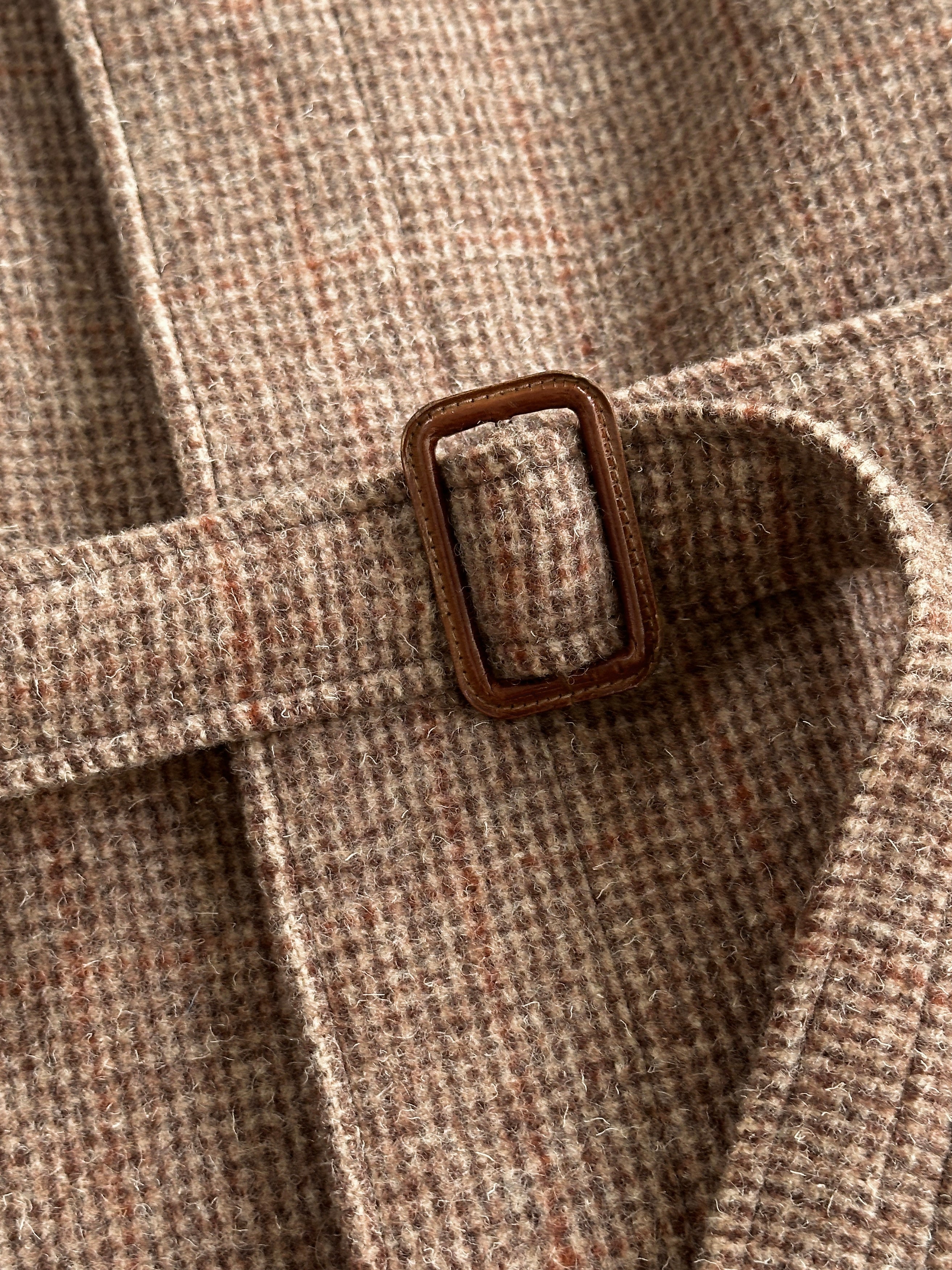 Vintage Italian vintage pure wool check coat with single-breasted design and belt, size L/XL, shown on a hanger.