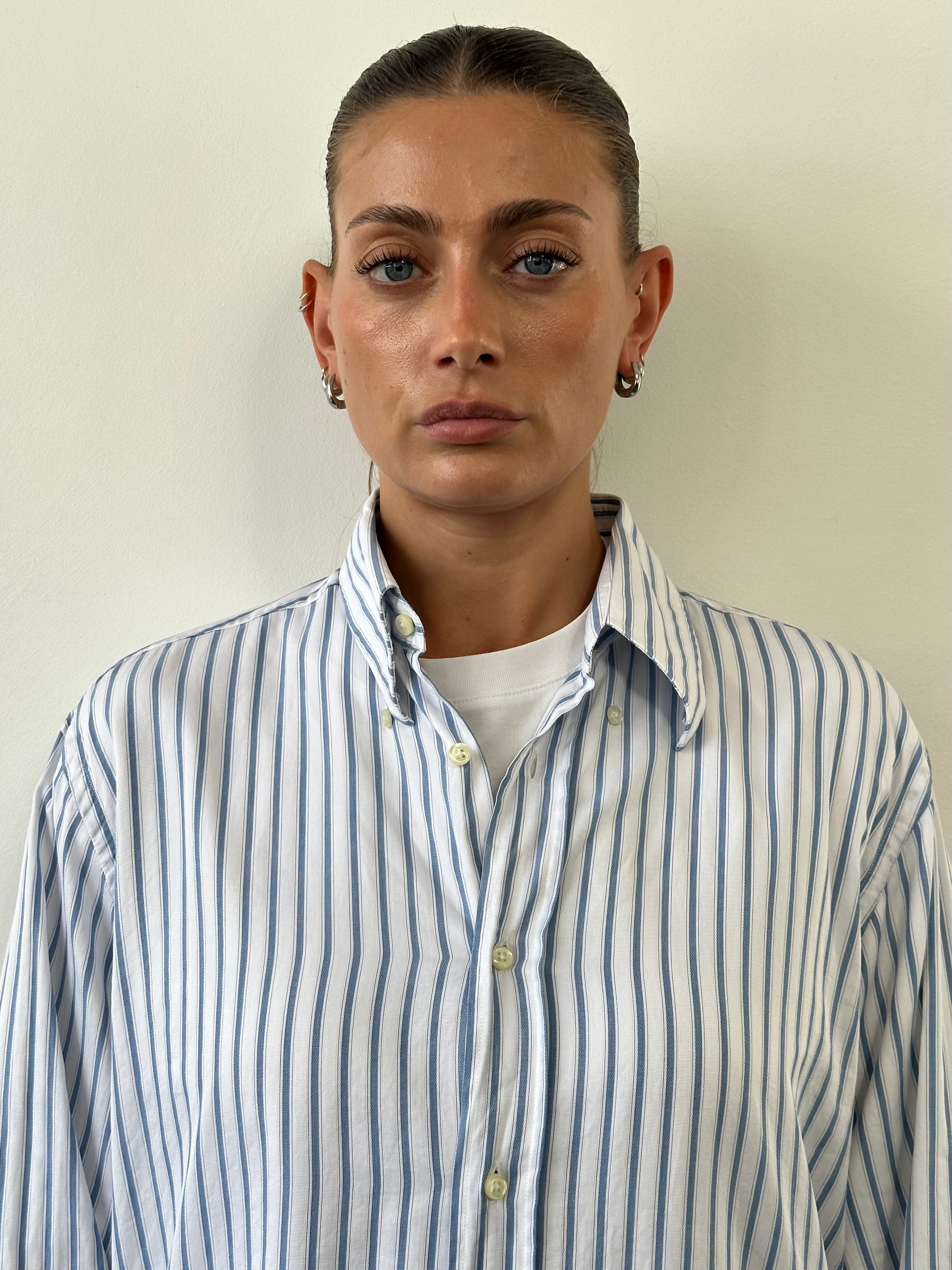 Yves Saint Laurent Pour Homme stripe logo shirt in size L/XL, featuring a stylish striped pattern and the brand's logo detail.
