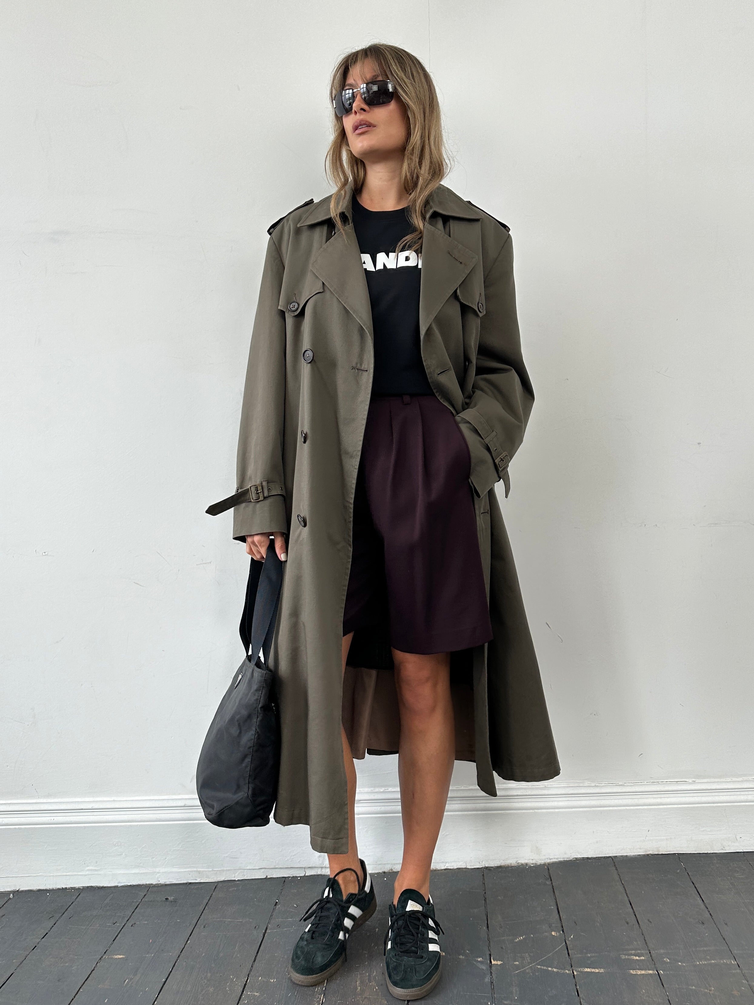 Christian Dior Monsieur cotton double-breasted belted trench coat in XL, beige color, showing front view with collar and buttons.