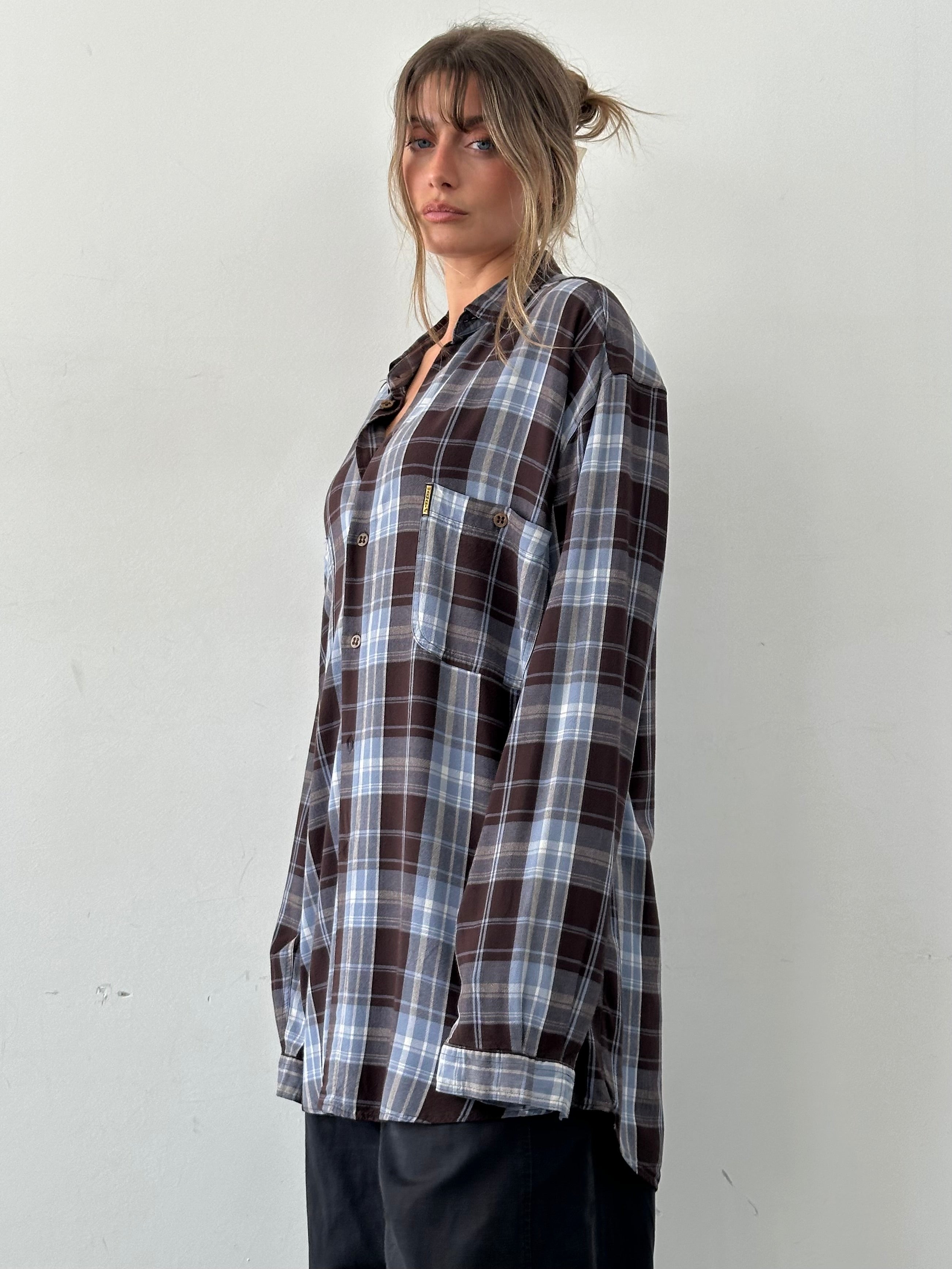 Armani Jeans 90s check flannel shirt in XXL, featuring red and black plaid pattern, long sleeves, and classic collar.