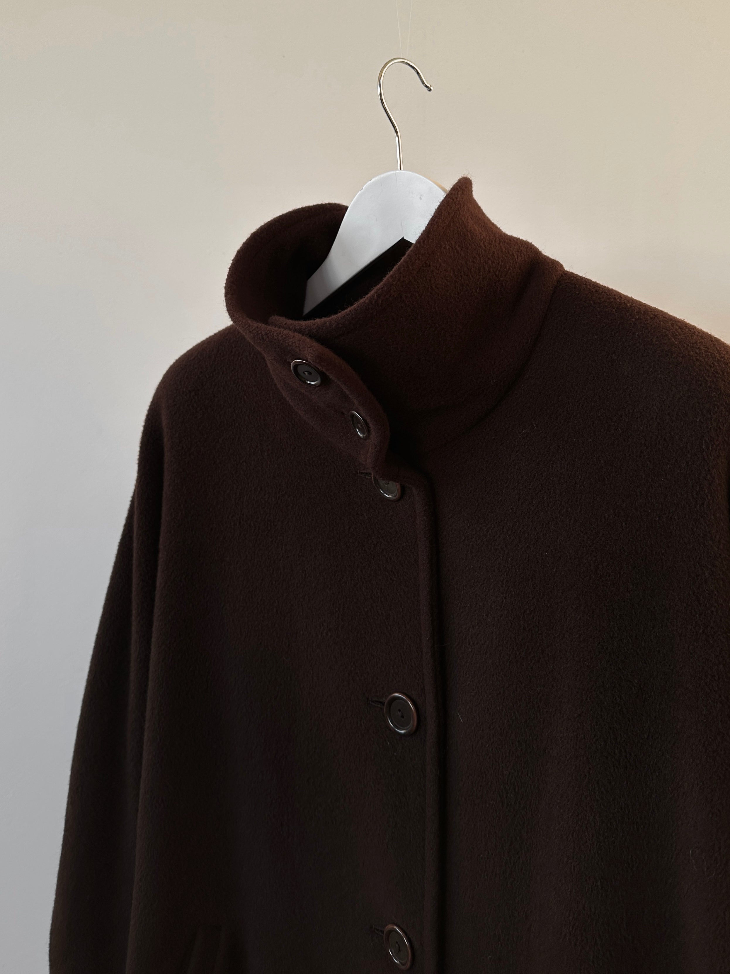 Marella wool cashmere funnel neck coat in beige, front view showing cozy collar and tailored fit, M/L size.