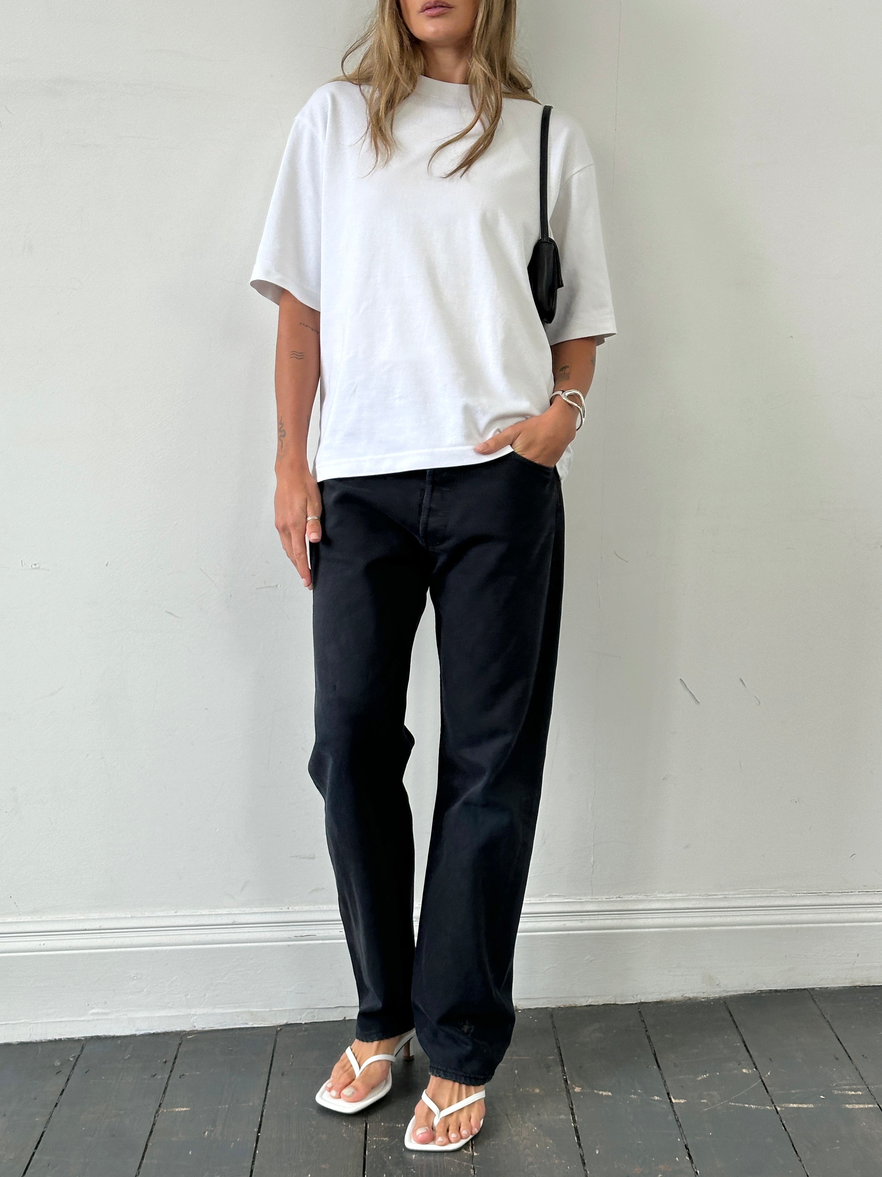 Levi’s 501 straight leg high-waisted denim jeans in W32, showing classic blue denim with a high-rise fit and button fly.