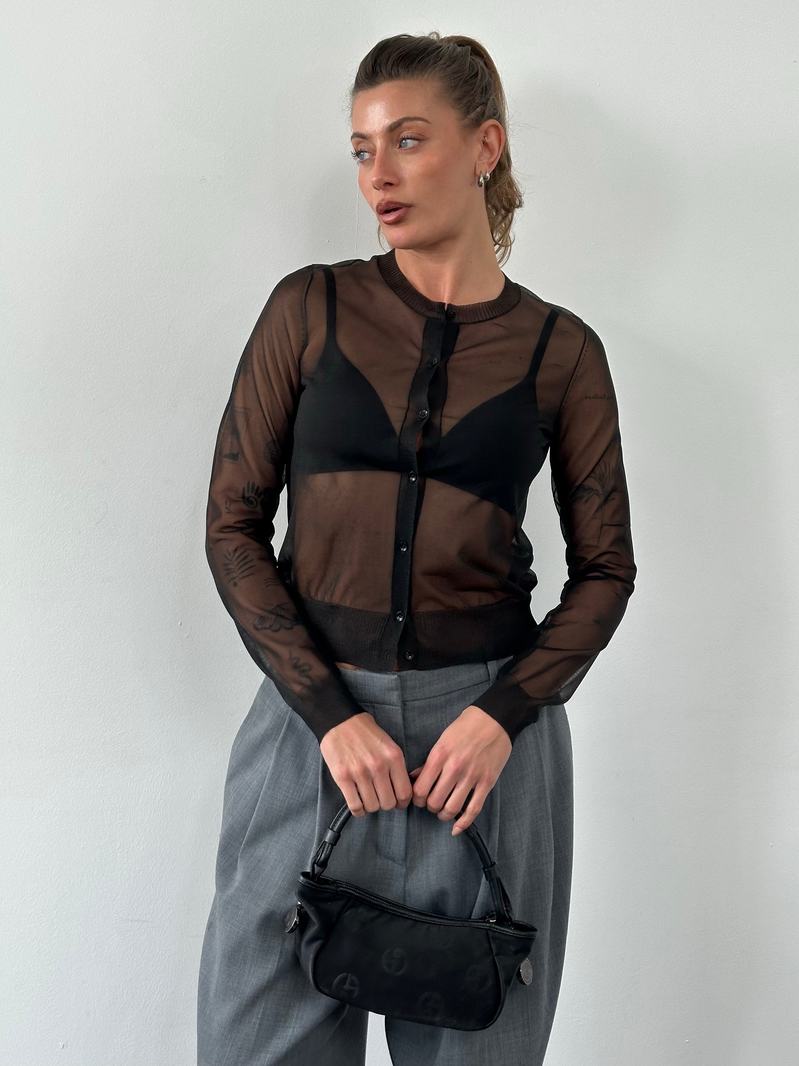 DKNY Jeans 1990s sheer knit cardigan in size S, lightweight and see-through with a classic 90s style and open front design.