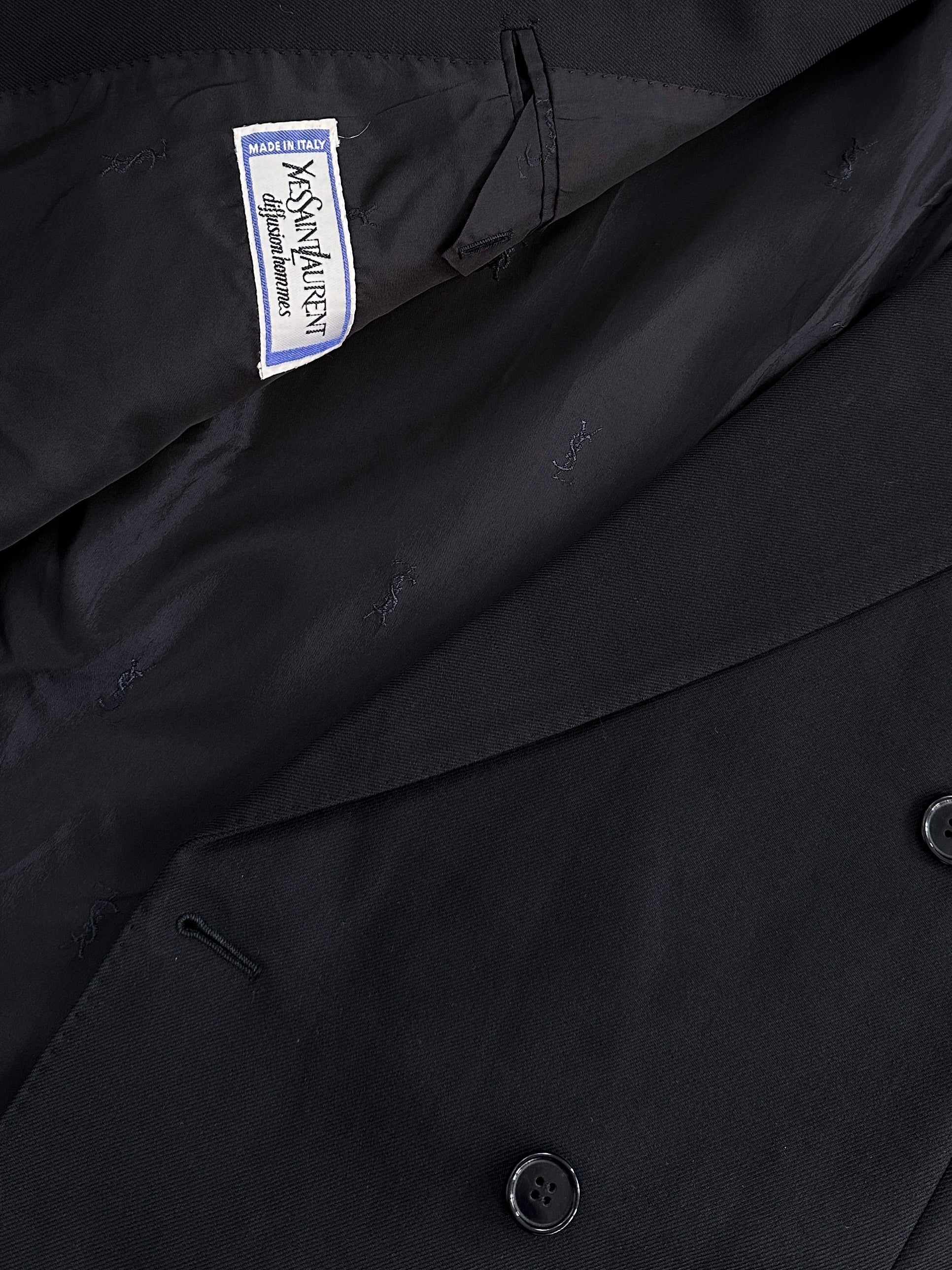 Yves Saint Laurent Diffusion Hommes 1980s pure wool double-breasted blazer in size 42R/XL, shown from front with notch lapels.