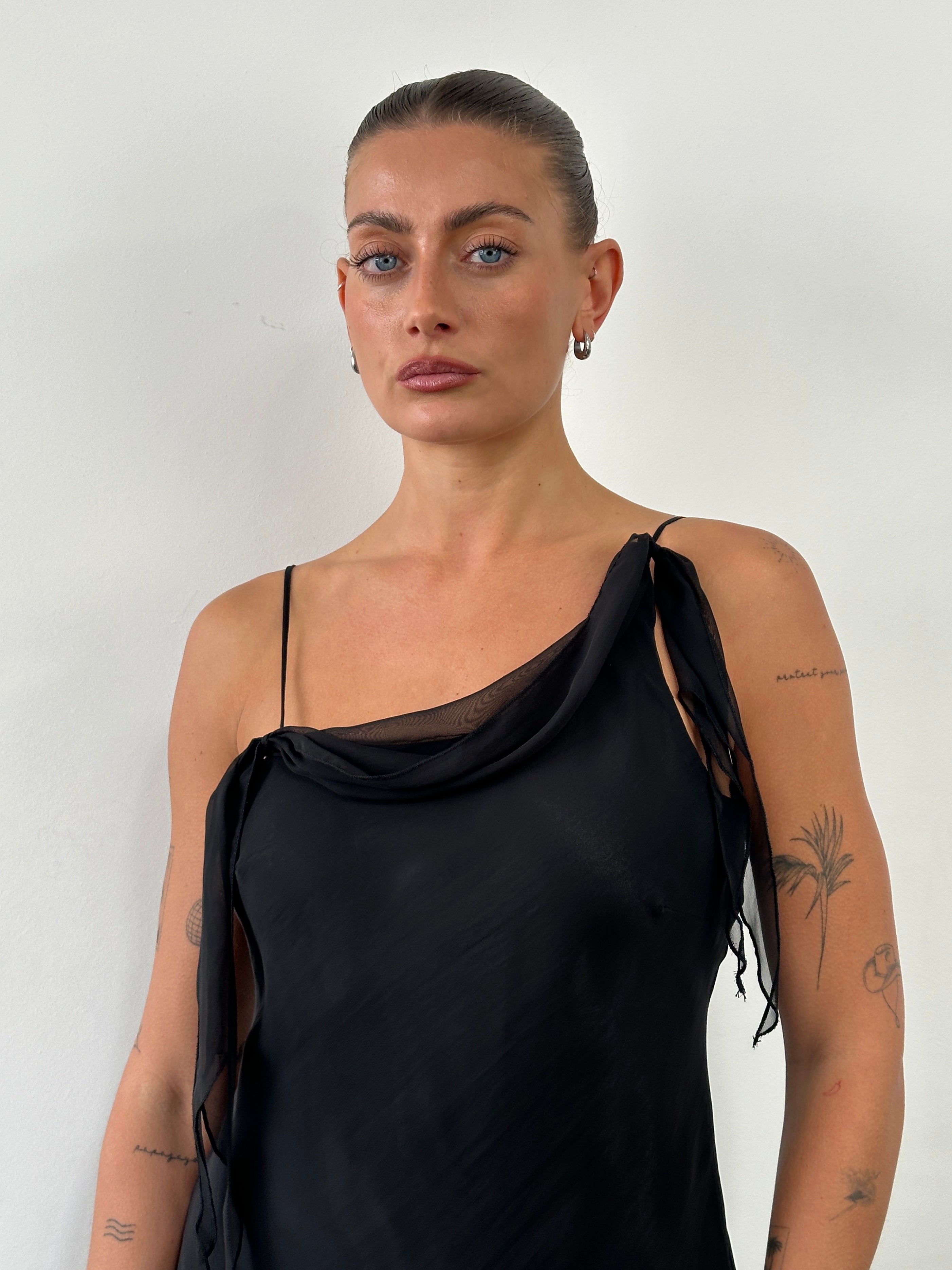 Vintage asymmetric sheer maxi slip dress in size M, flowing lightweight fabric with elegant drape and vintage-inspired design.