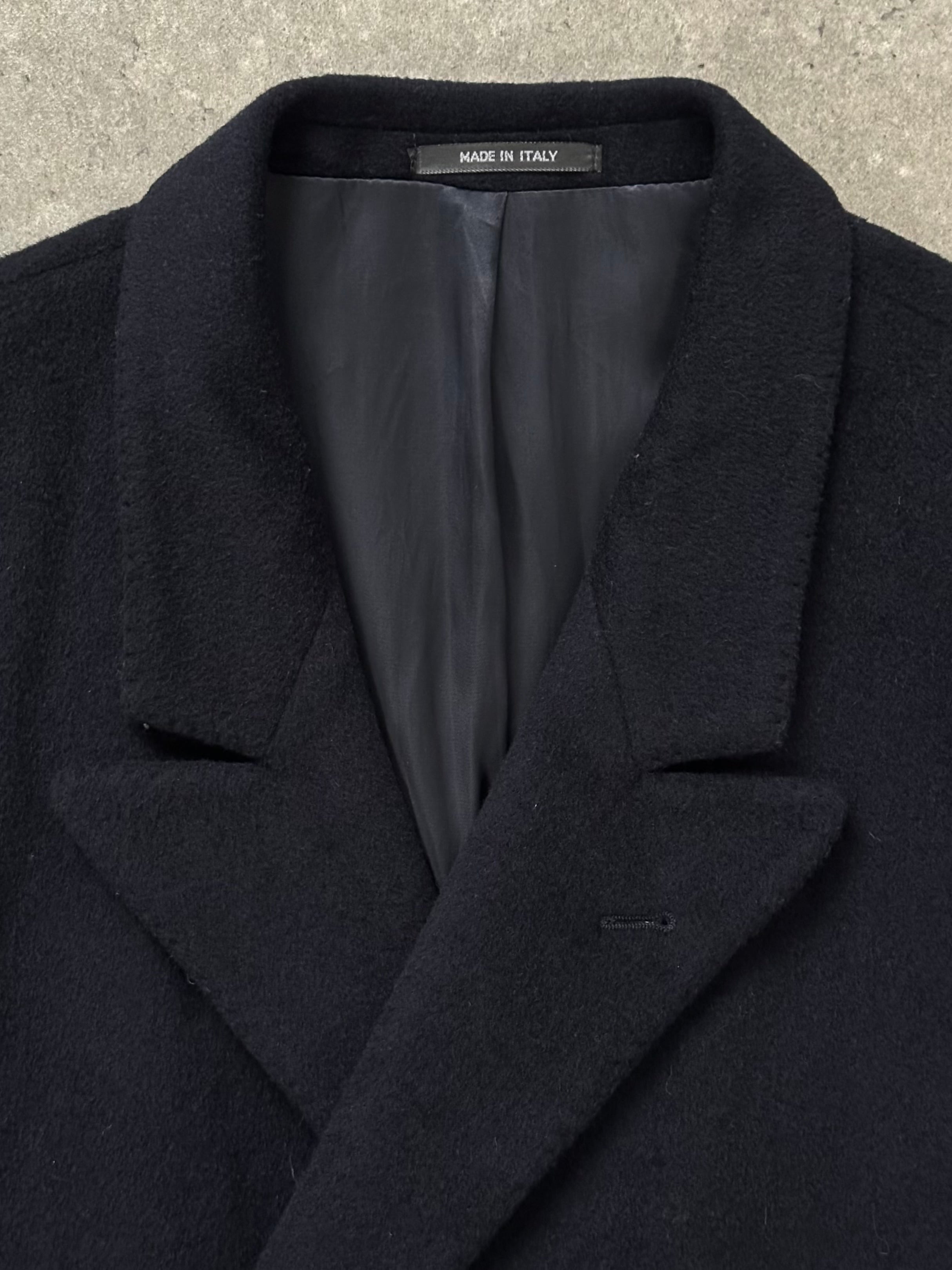 Vintage Italian 1990s wool double-breasted high-neck coat in XL/XXL with classic design and textured fabric.