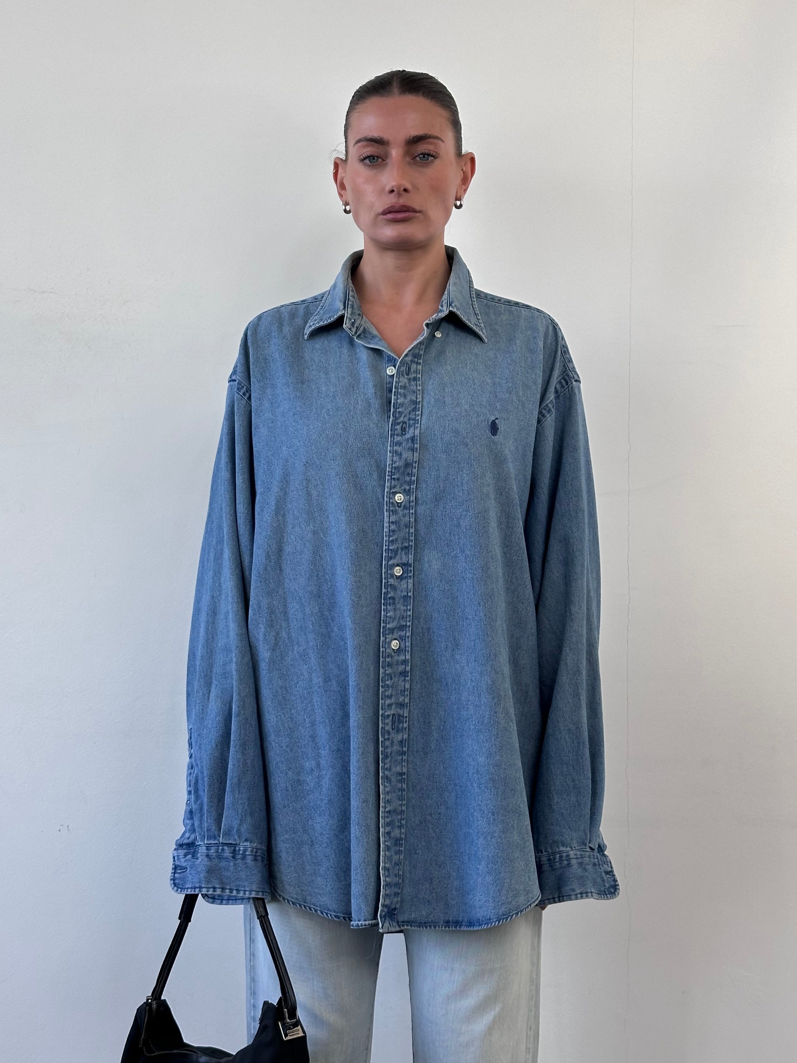 Ralph Lauren denim logo shirt in XXL with classic design and visible logo on chest, casual denim fabric.