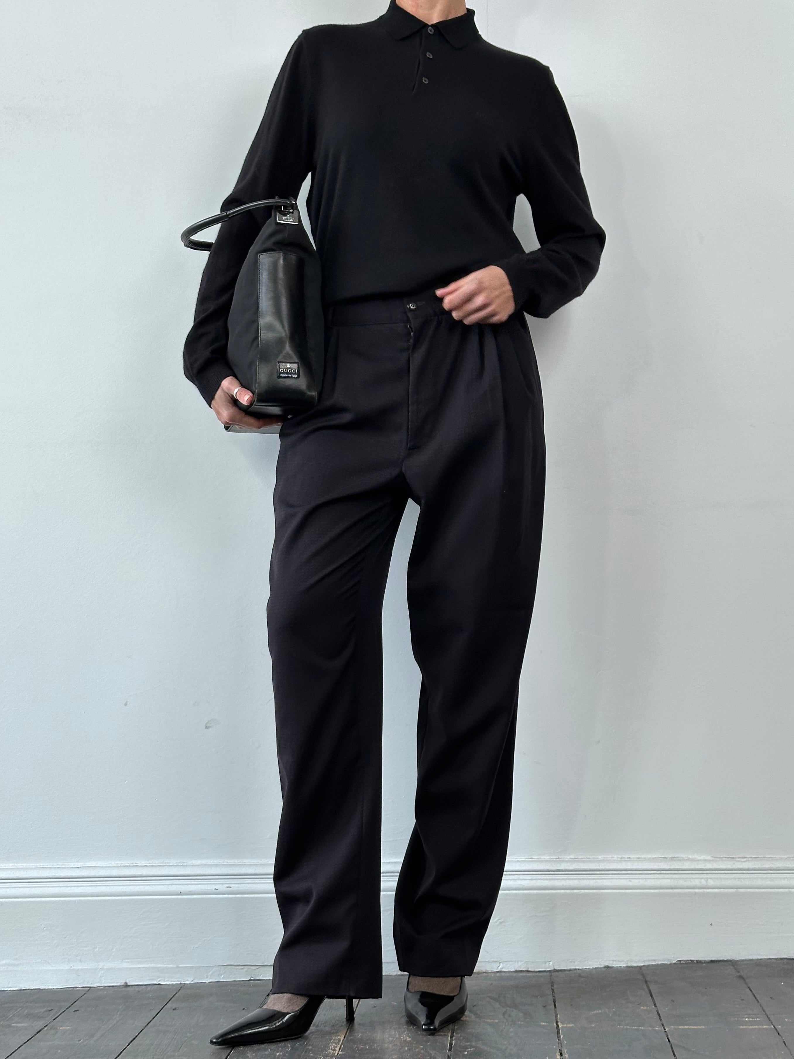 Versace 80s pure wool tapered leg tailored trousers, stylish men's trousers in classic design, front view with waistband and pockets.
