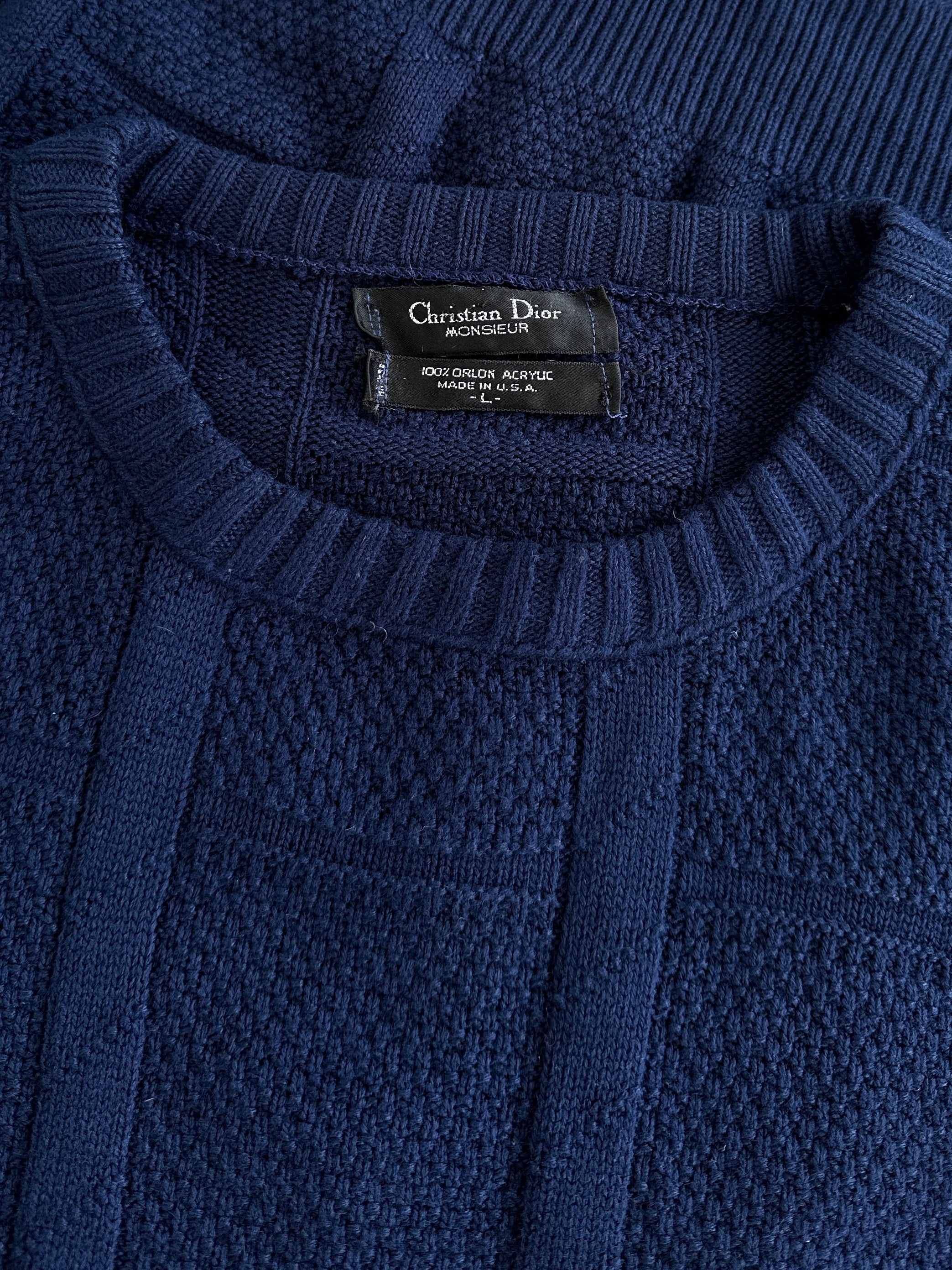 Christian Dior Monsieur 1980s knitted jumper in size L, showcasing a classic vintage design with detailed knit pattern.