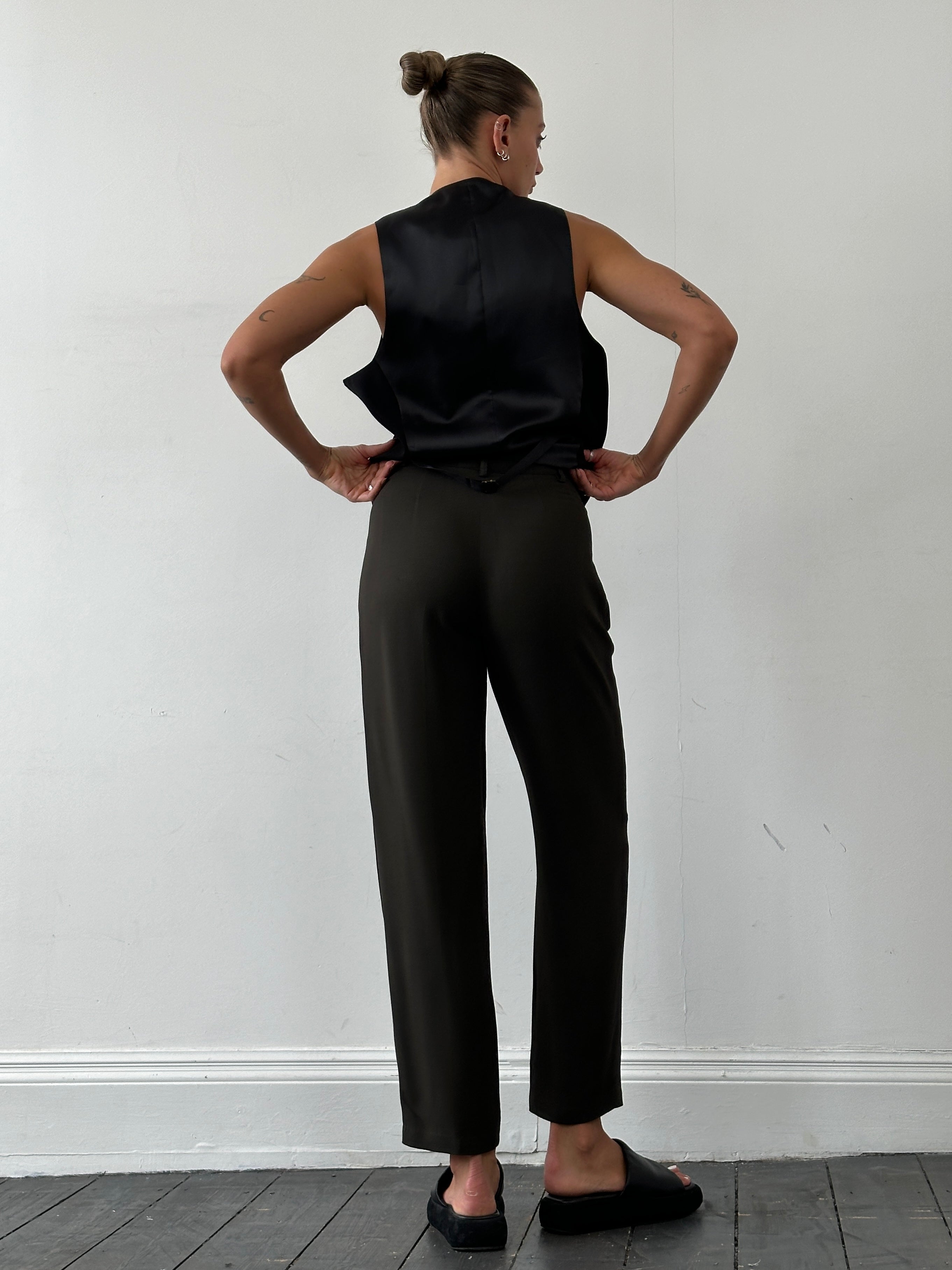 Emporio Armani high waisted tapered leg tailored trousers in black, featuring a sleek, structured fit and classic design.
