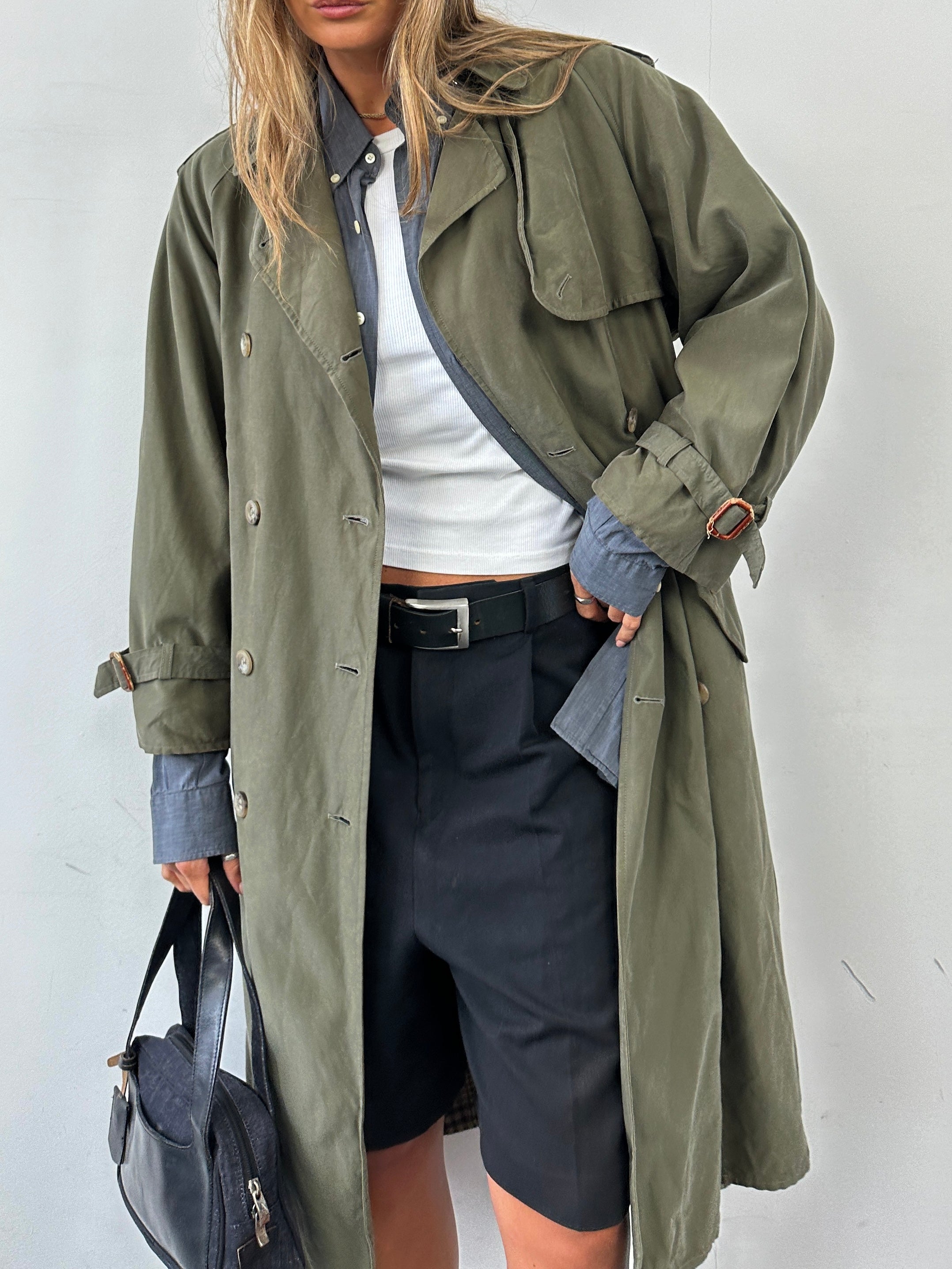 Max Mara Weekend double-breasted belted trench coat in size M, beige color, shown on a hanger with classic trench design