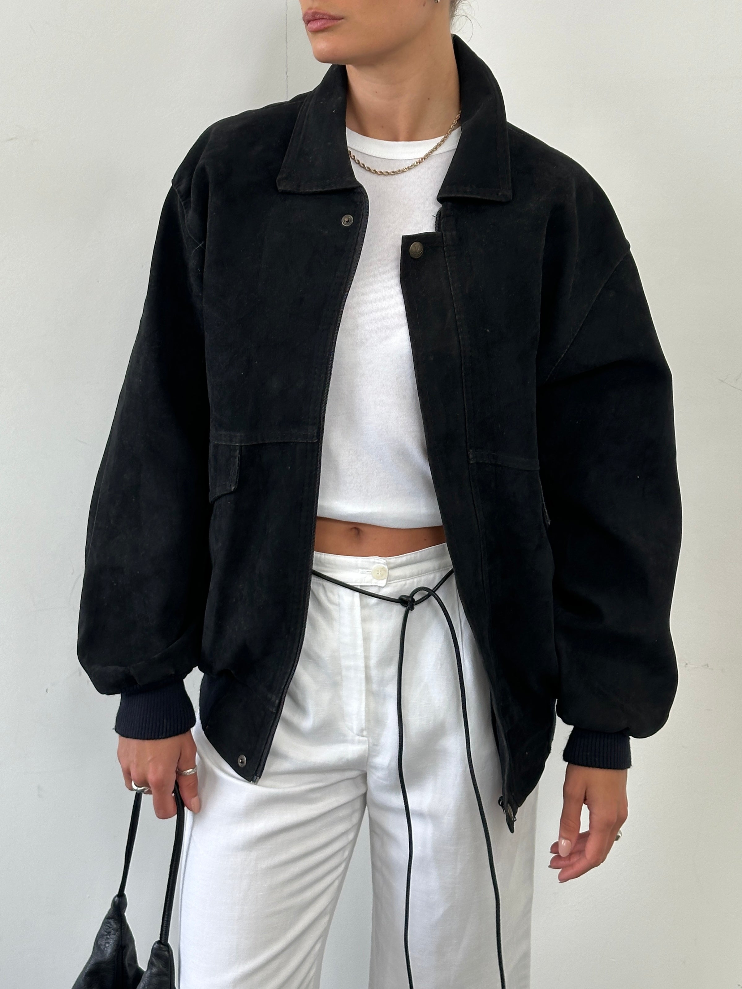 Vintage Italian faux suede bomber jacket in XL, featuring a classic design with a smooth, soft texture and stylish fit.