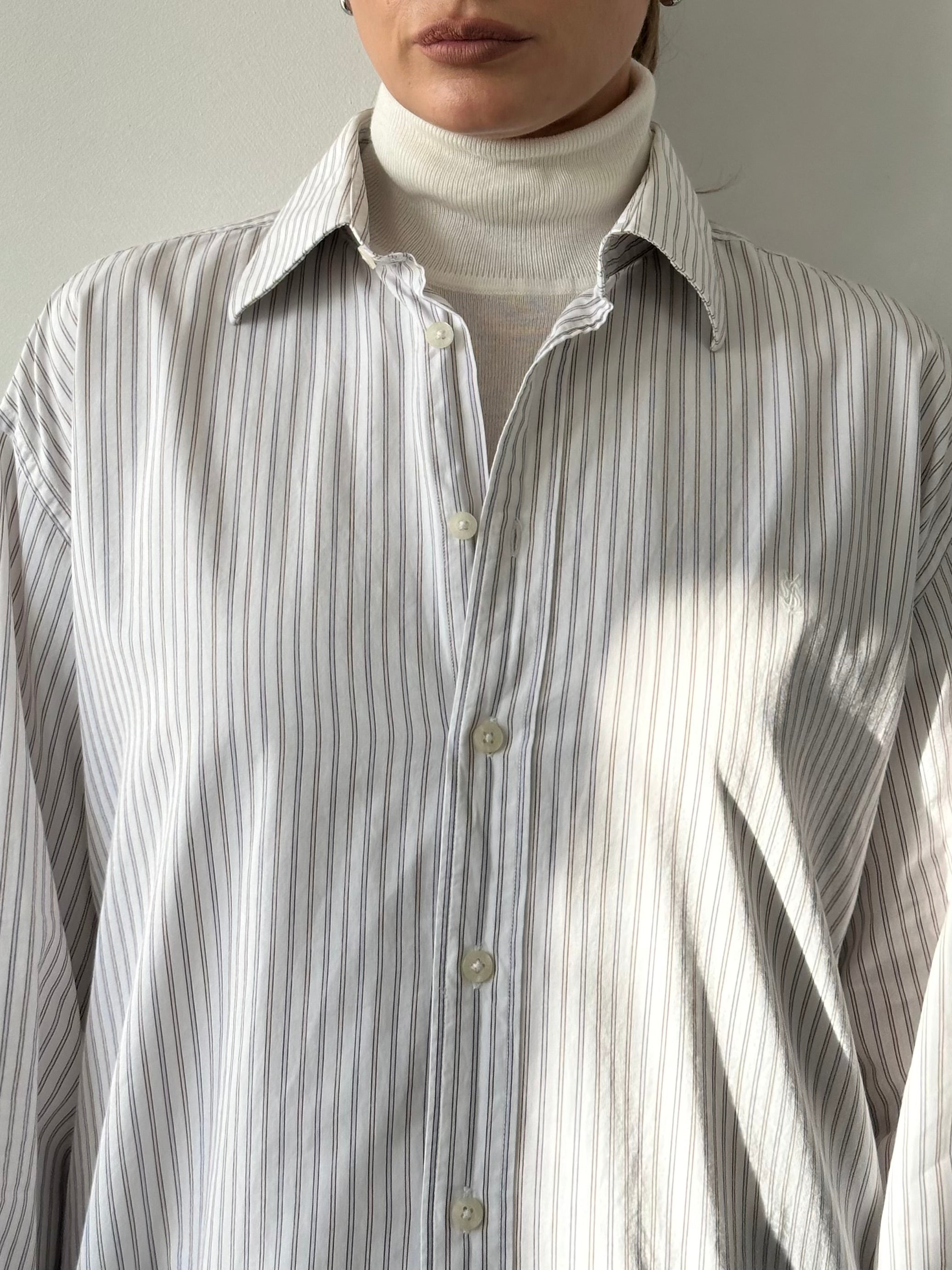 Yves Saint Laurent Pour Homme striped pure cotton logo shirt in XL, showcasing the classic design and fabric details.