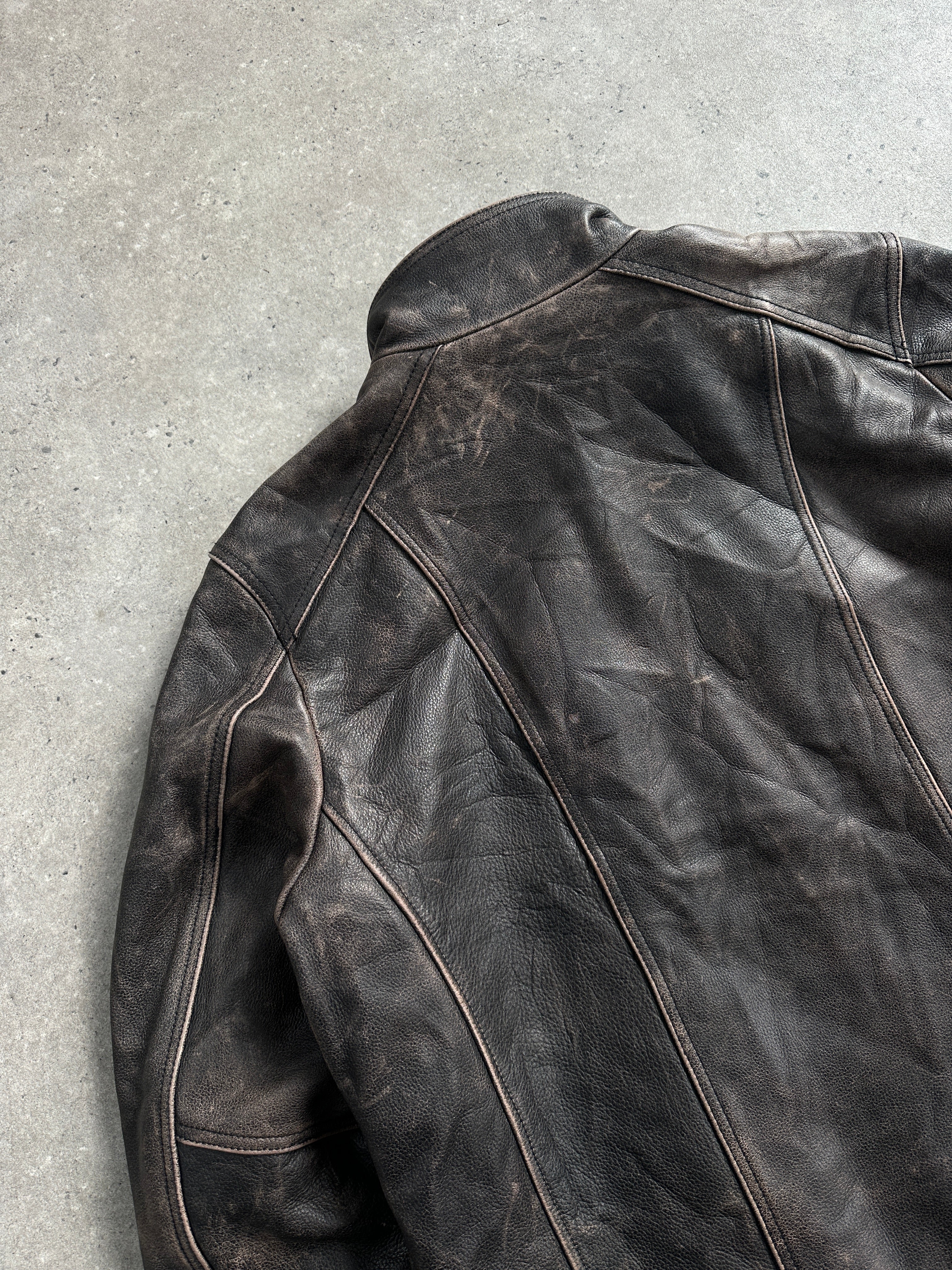 Vintage 2000s Distressed High Neck Leather Jacket - XL | SYLK