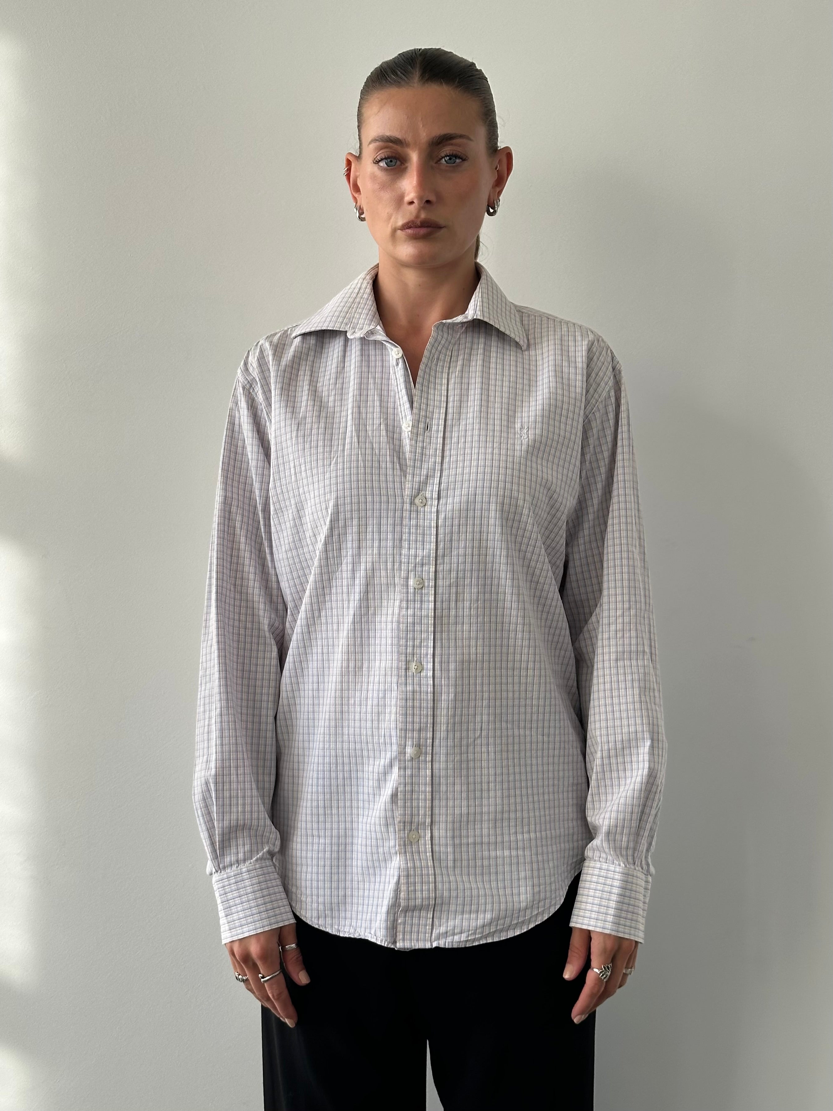 Yves Saint Laurent Pour Homme mini check pure cotton logo shirt in size M, featuring a classic design and button closure.