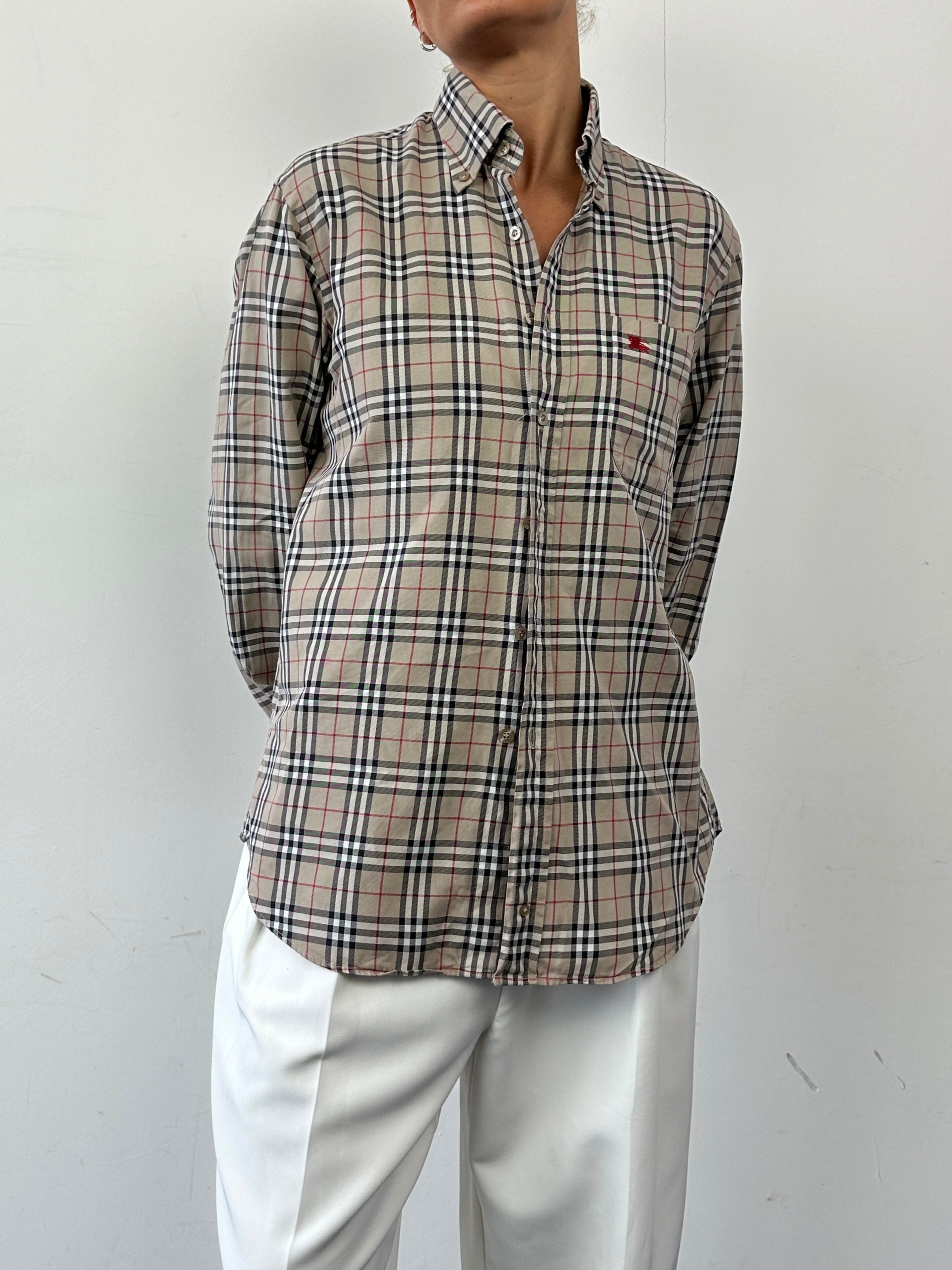 Burberry London Nova Check cotton shirt in size L, featuring classic check pattern and button-up front.