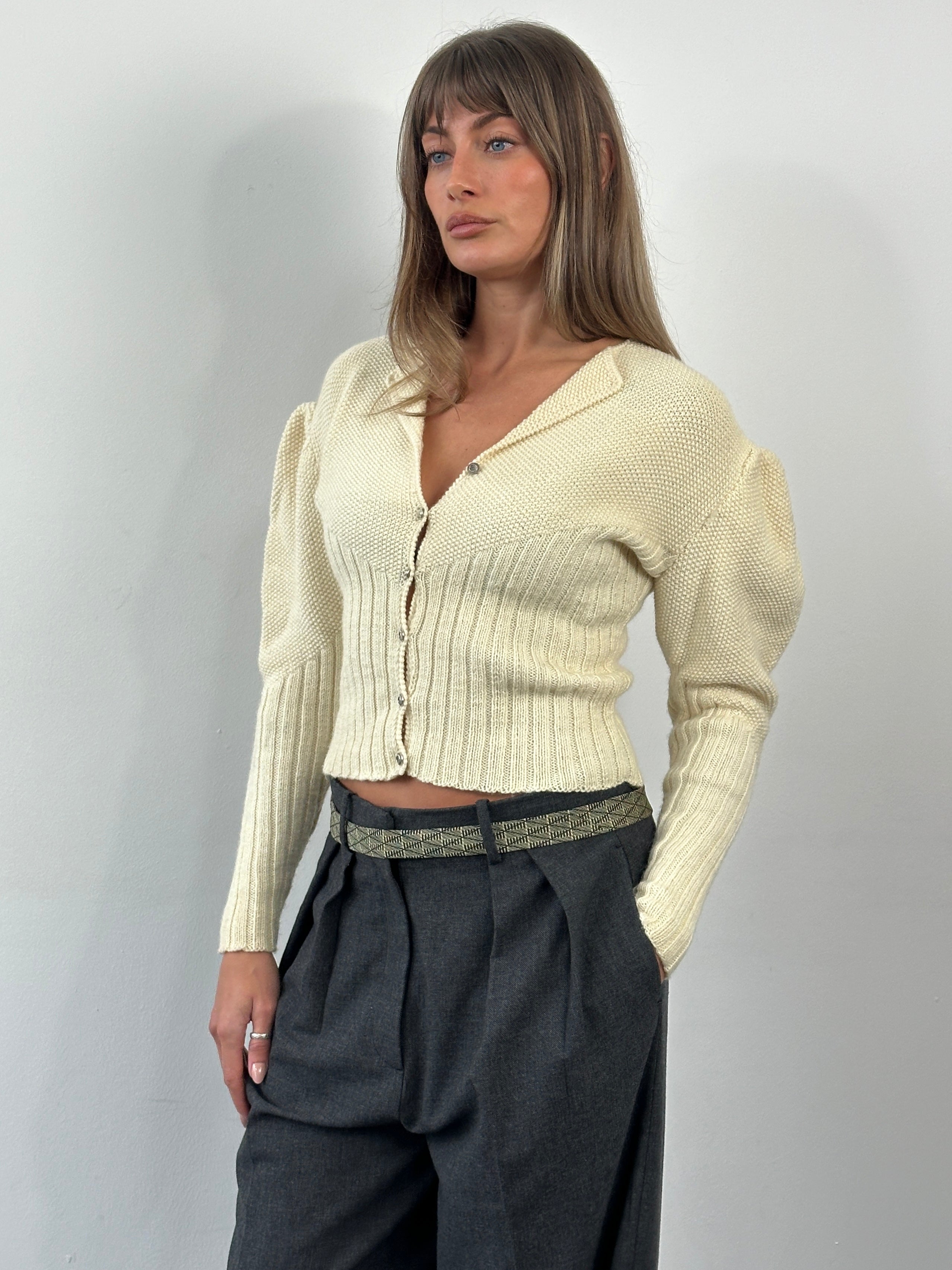 Vintage 1980s Wool Puff Sleeve Knitted Cardigan - SYLK