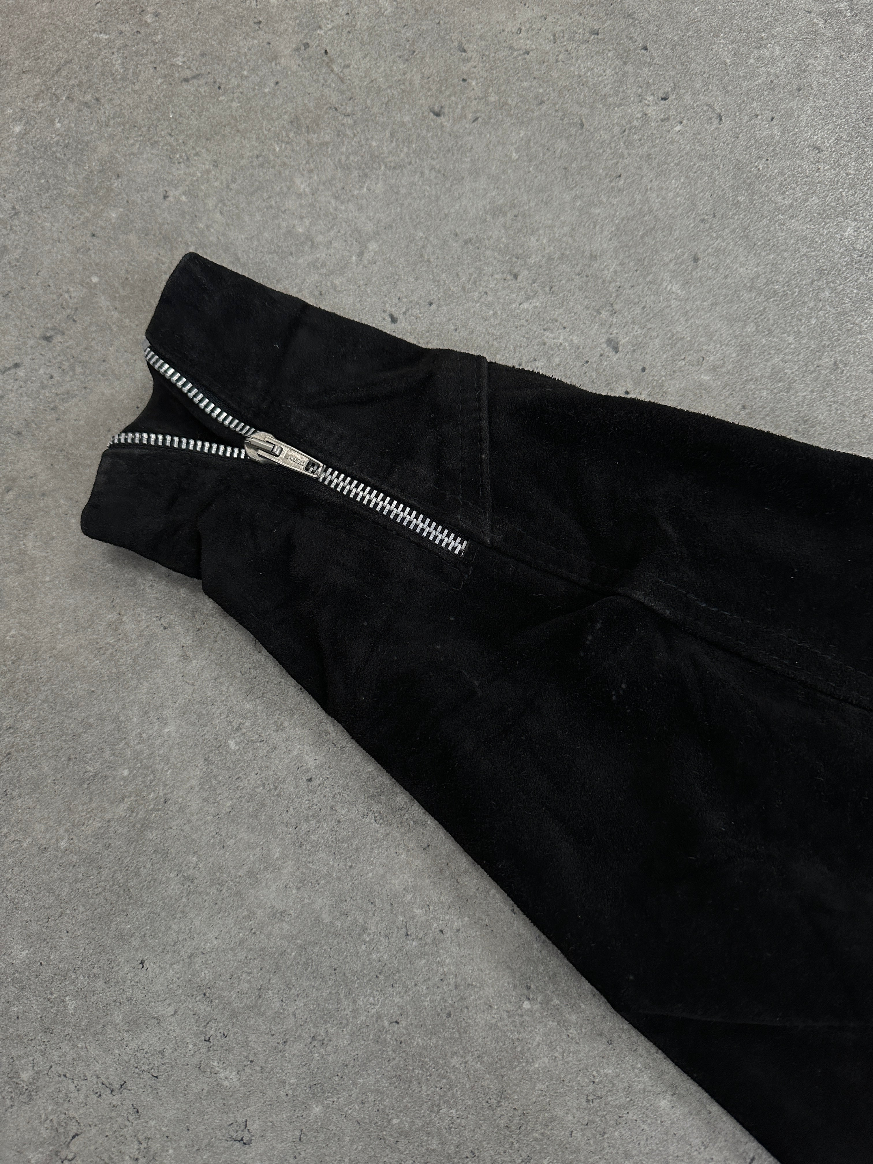 Vintage 1980s French suede cropped biker leather jacket, S/M, with classic biker style and vintage detailing.