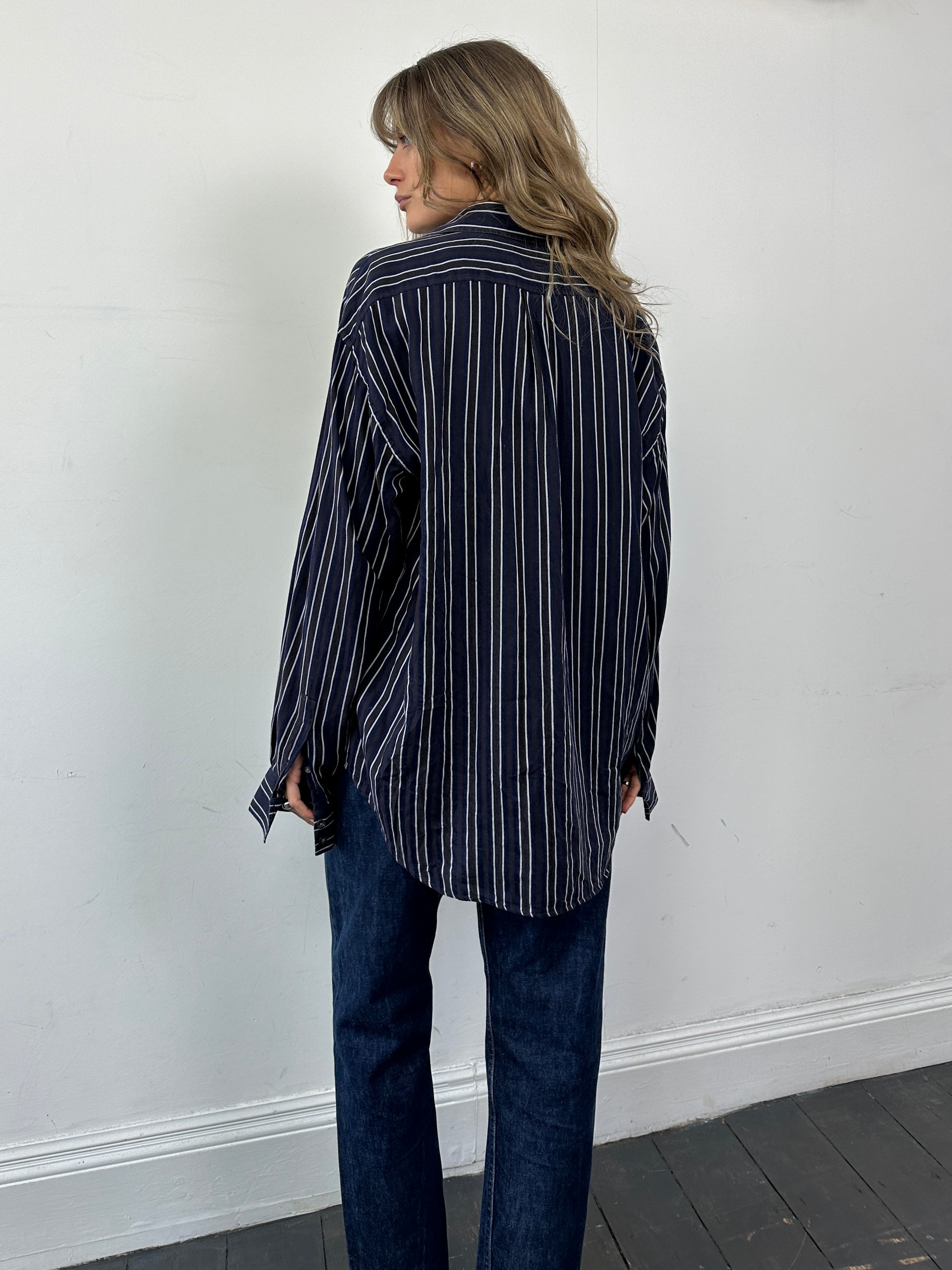 Yves Saint Laurent pinstripe cotton shirt in XL with logo design, featuring a classic button-up style and tailored fit.